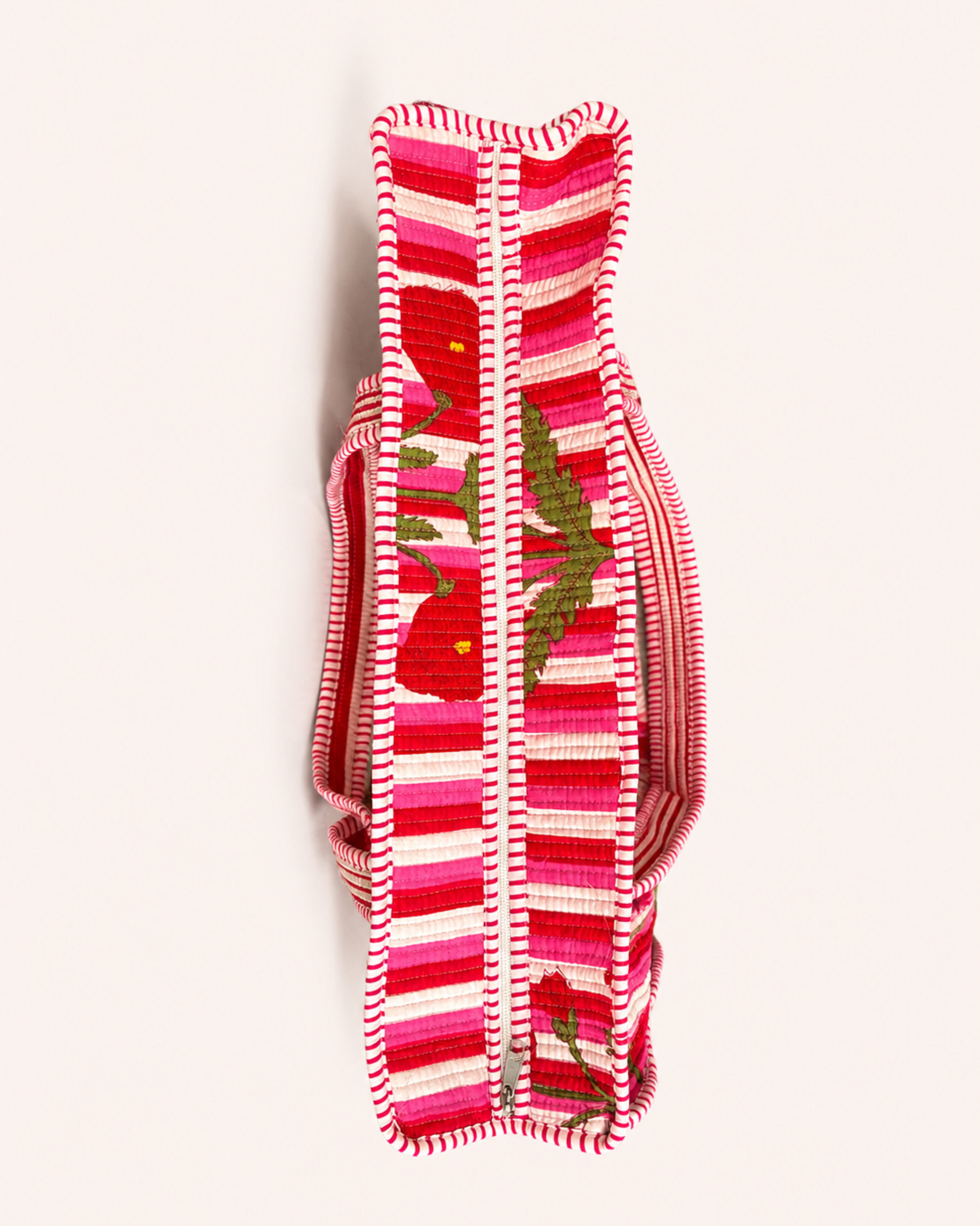 Pink Candy Stripe Red Poppy Quilted Canvas Tote Bag | Handcrafted Cotton Shoulder Bag with Inner Pocket | Gulabi Craft