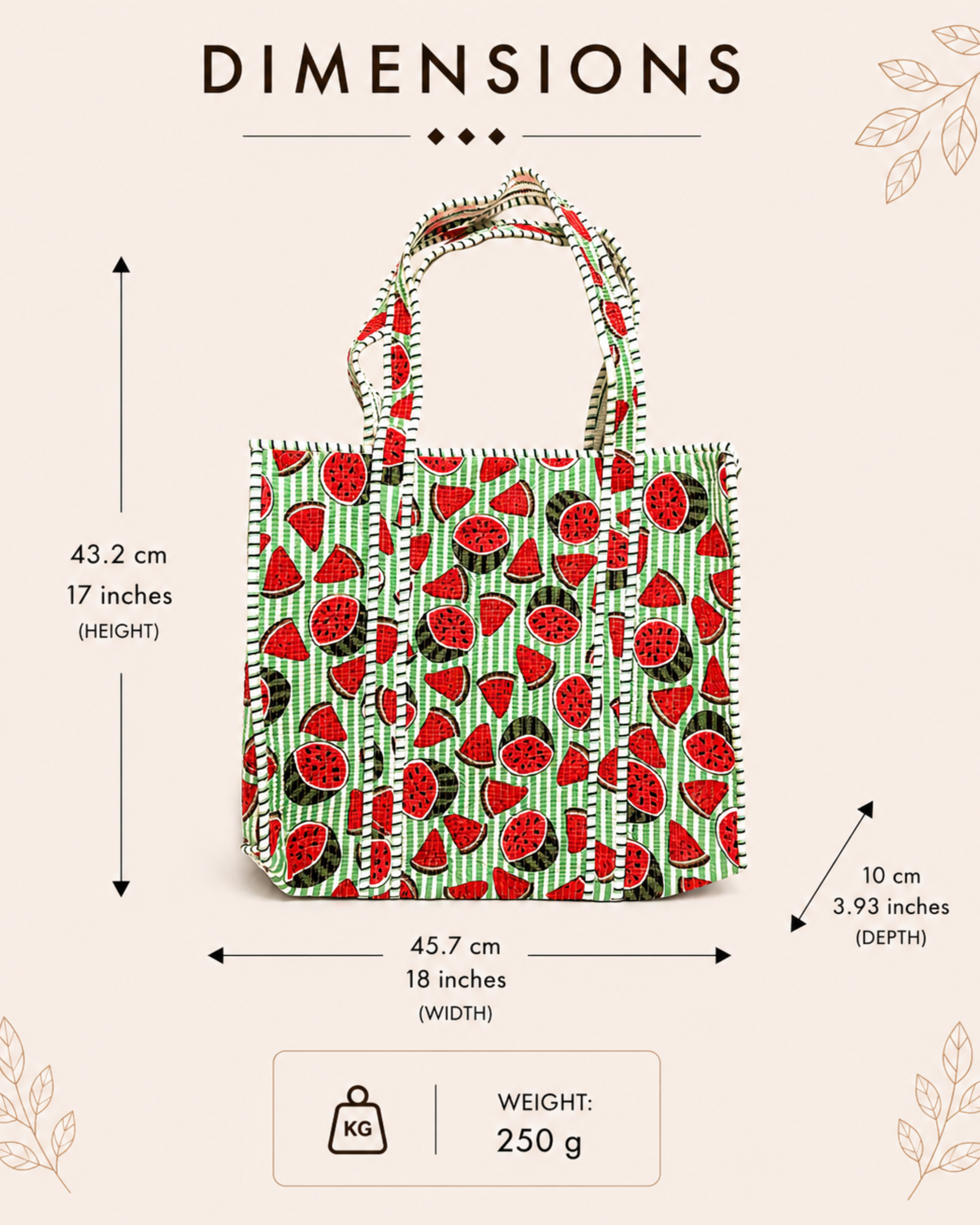 Mint Green Watermelon Quilted Canvas Tote Bag | Handcrafted Cotton Shoulder Bag with Inner Pocket