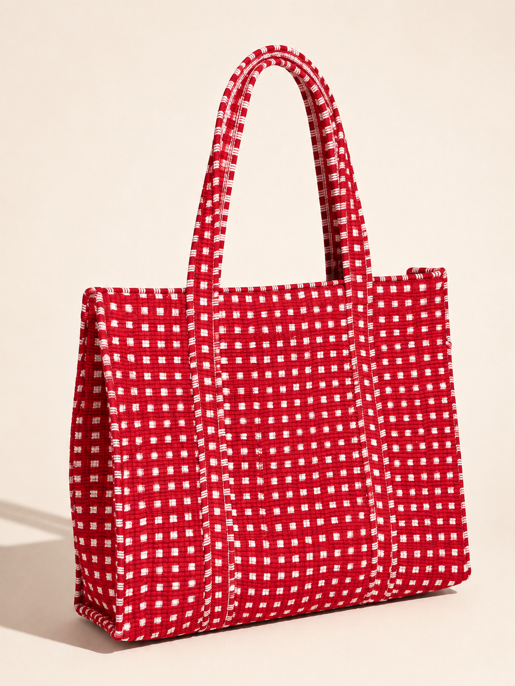 Crimson Red Gingham Handcrafted Quilted 60x60 Cotton Tote Bag &amp; 3 Pouch Combo Set for Travel - Gulabi Craft&nbsp;