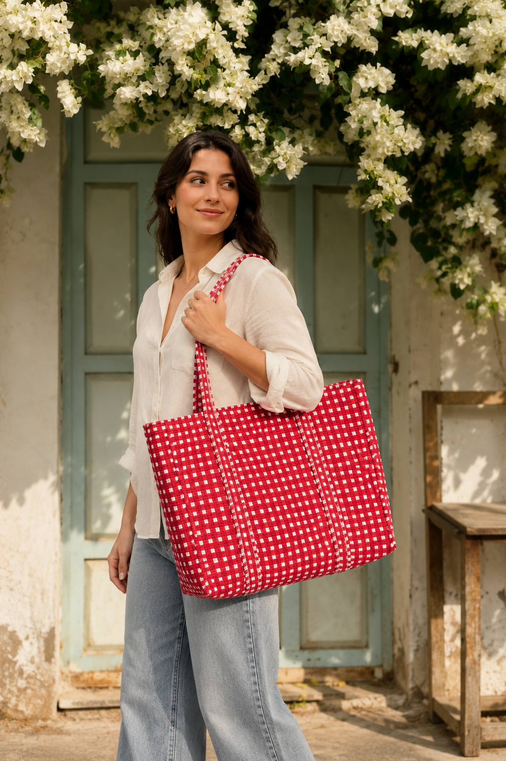 Crimson Red Gingham Handcrafted Quilted 60x60 Cotton Tote Bag &amp; 3 Pouch Combo Set for Travel - Gulabi Craft&nbsp;