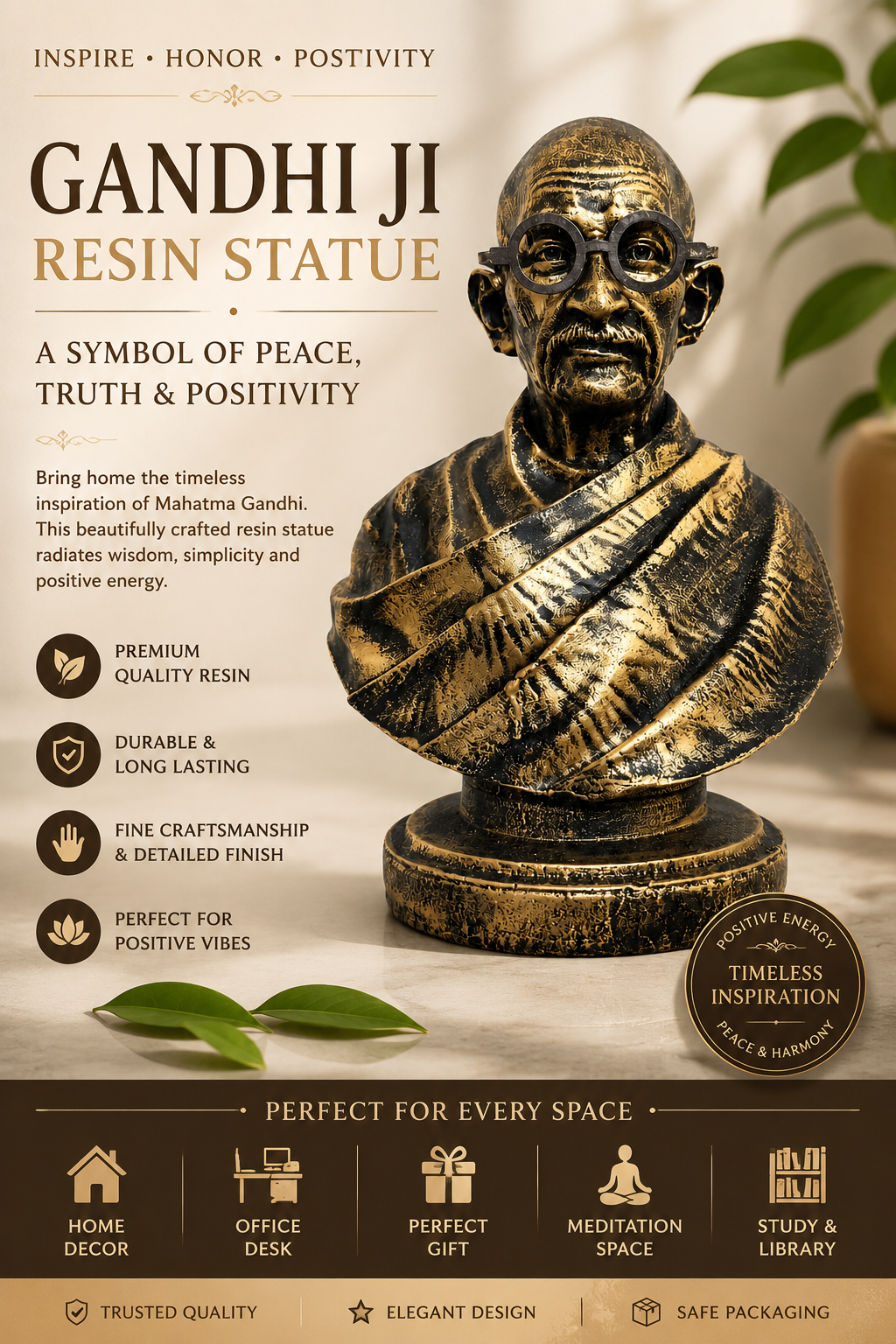 Mahatma Gandhi Bust Statue - Antique Finish Handcrafted Table Decor & Inspirational Gift Item by Gulabi Craft