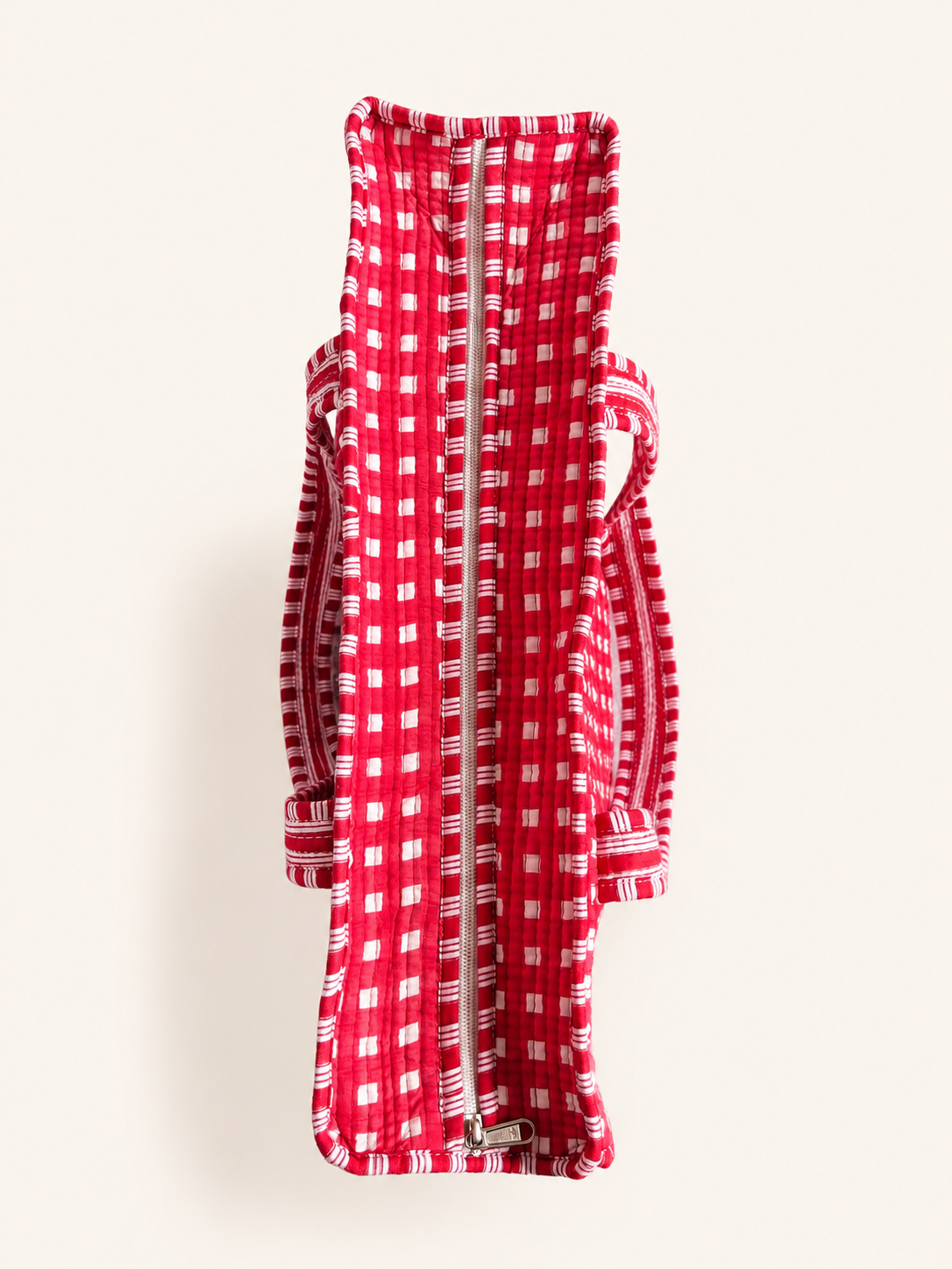 Crimson Red Gingham Handcrafted Quilted 60x60 Cotton Tote Bag &amp; 3 Pouch Combo Set for Travel - Gulabi Craft&nbsp;