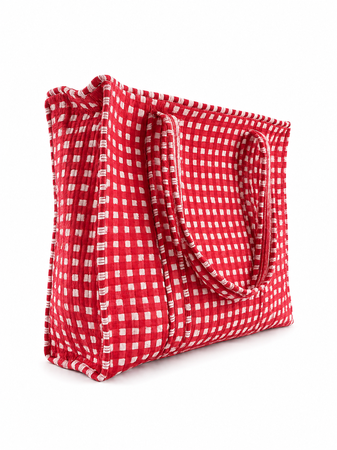 Crimson Red Gingham Handcrafted Quilted 60x60 Cotton Tote Bag &amp; 3 Pouch Combo Set for Travel - Gulabi Craft&nbsp;