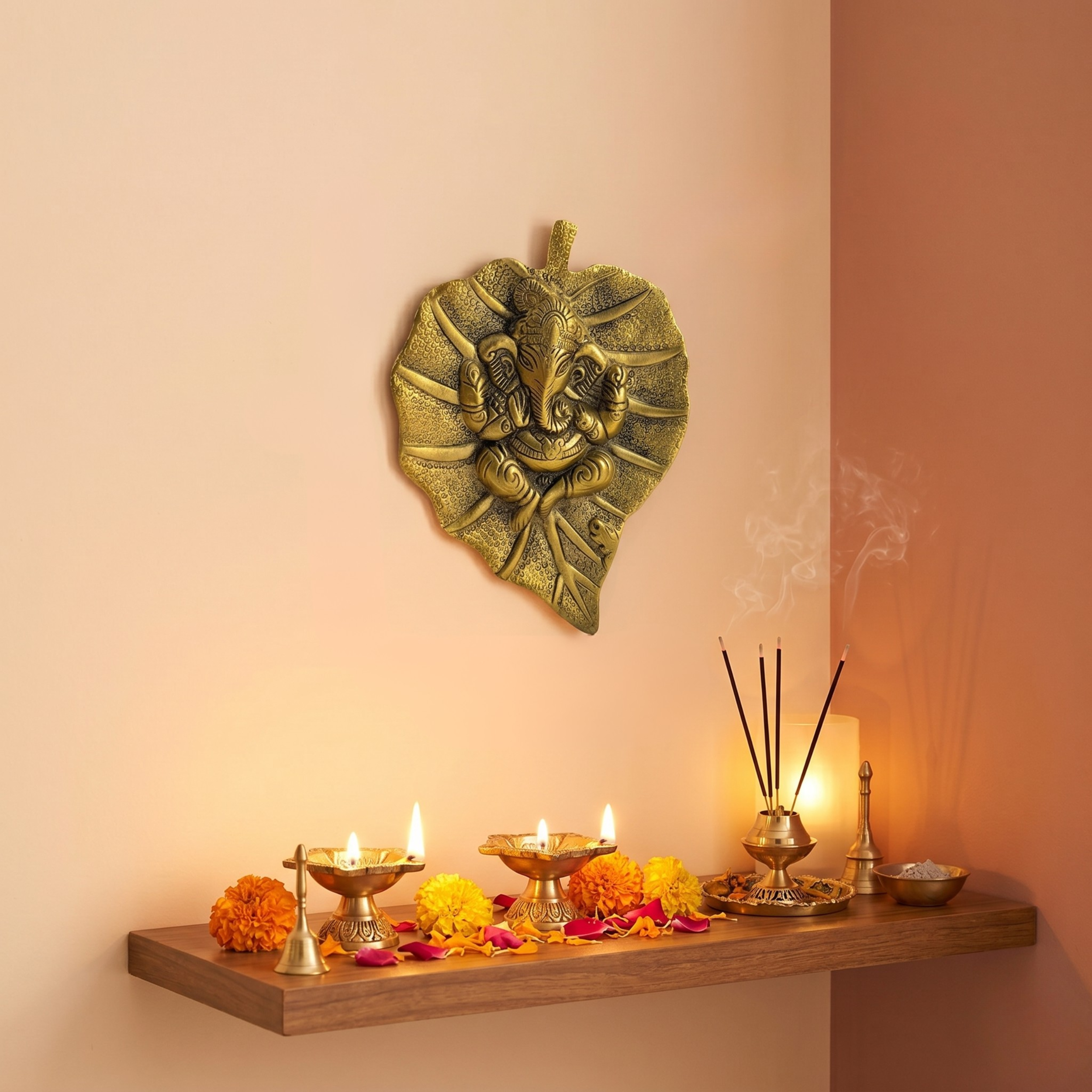 Gulabi Craft Handcrafted Metal Patta Ganesha Wall Hanging – Golden Leaf Idol for Home Decor &amp; Gifting