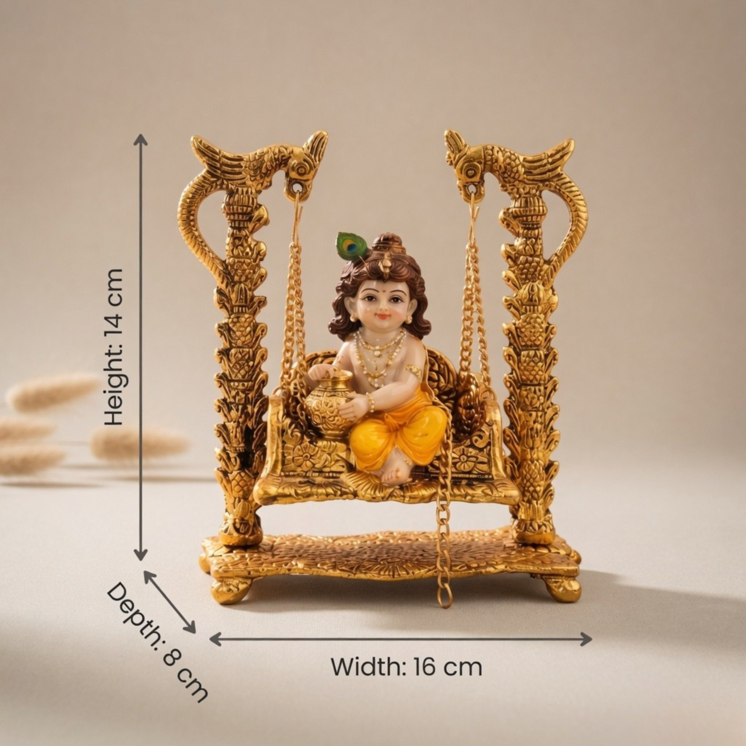 Gulabi Craft Handcrafted Parrot Krishna Jhula – Golden Laddu Gopal Swing Idol for Pooja Decor & Premium Gift Item