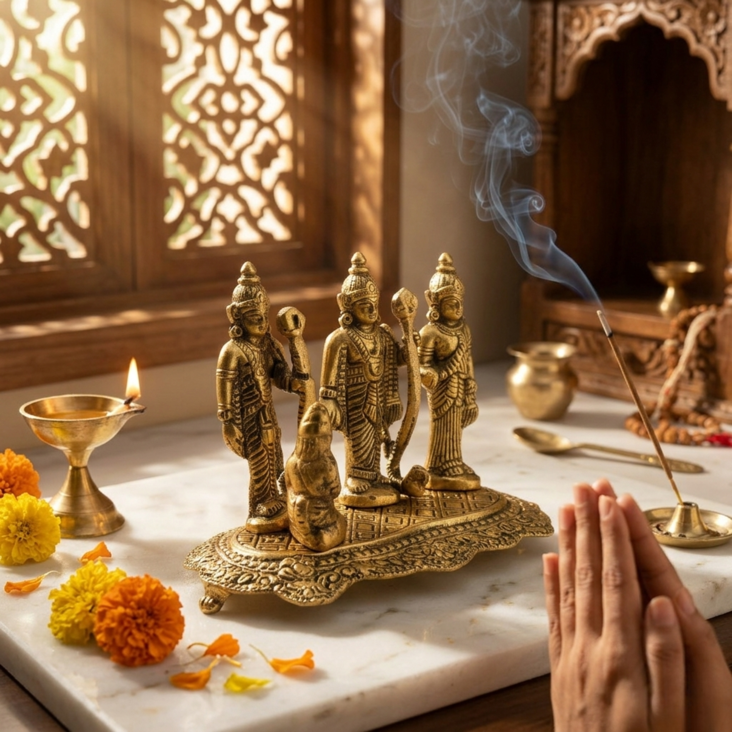 Handcrafted Ram Darbar Idol (Classic Edition) – Antique Gold Metal Statue for Pooja & Home Decor | Gulabi Craft