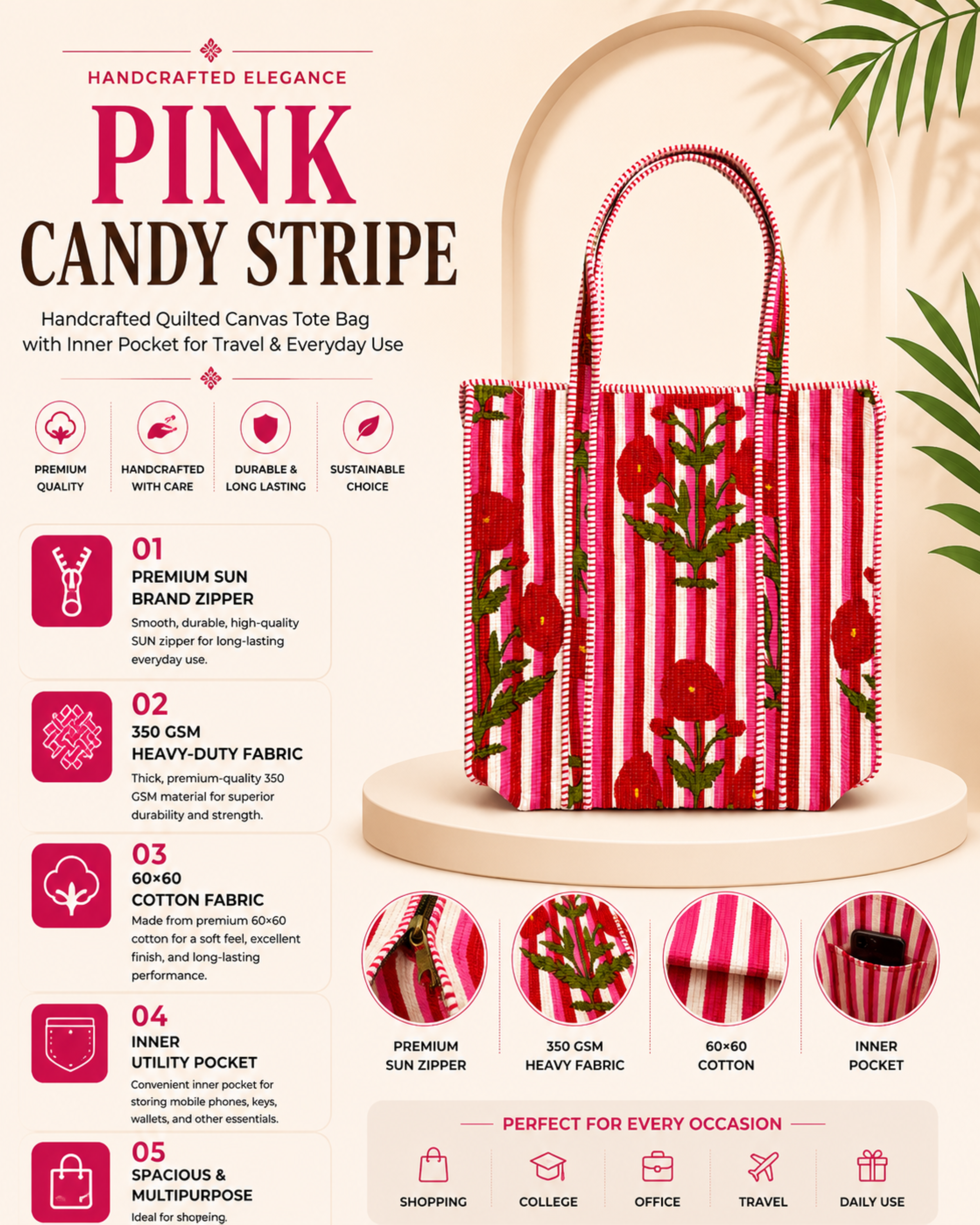 Pink Candy Stripe Red Poppy Quilted Canvas Tote Bag | Handcrafted Cotton Shoulder Bag with Inner Pocket | Gulabi Craft