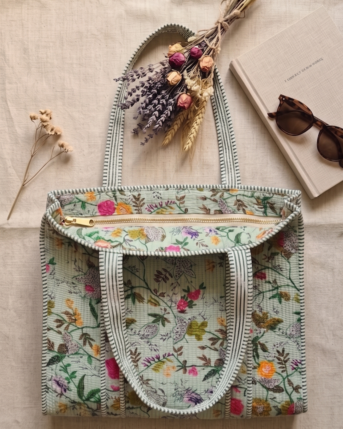 Handmade Quilted Floral Cotton Tote Bag – Eco-Friendly Everyday Carry &amp; Premium Gift Item | Gulabi Craft
