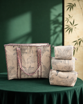 Ivory Safari Jungle Quilted Cotton Tote Bag with 3 Cosmetic Pouches Set | Raksha Bandhan Gift | Gulabi Craft