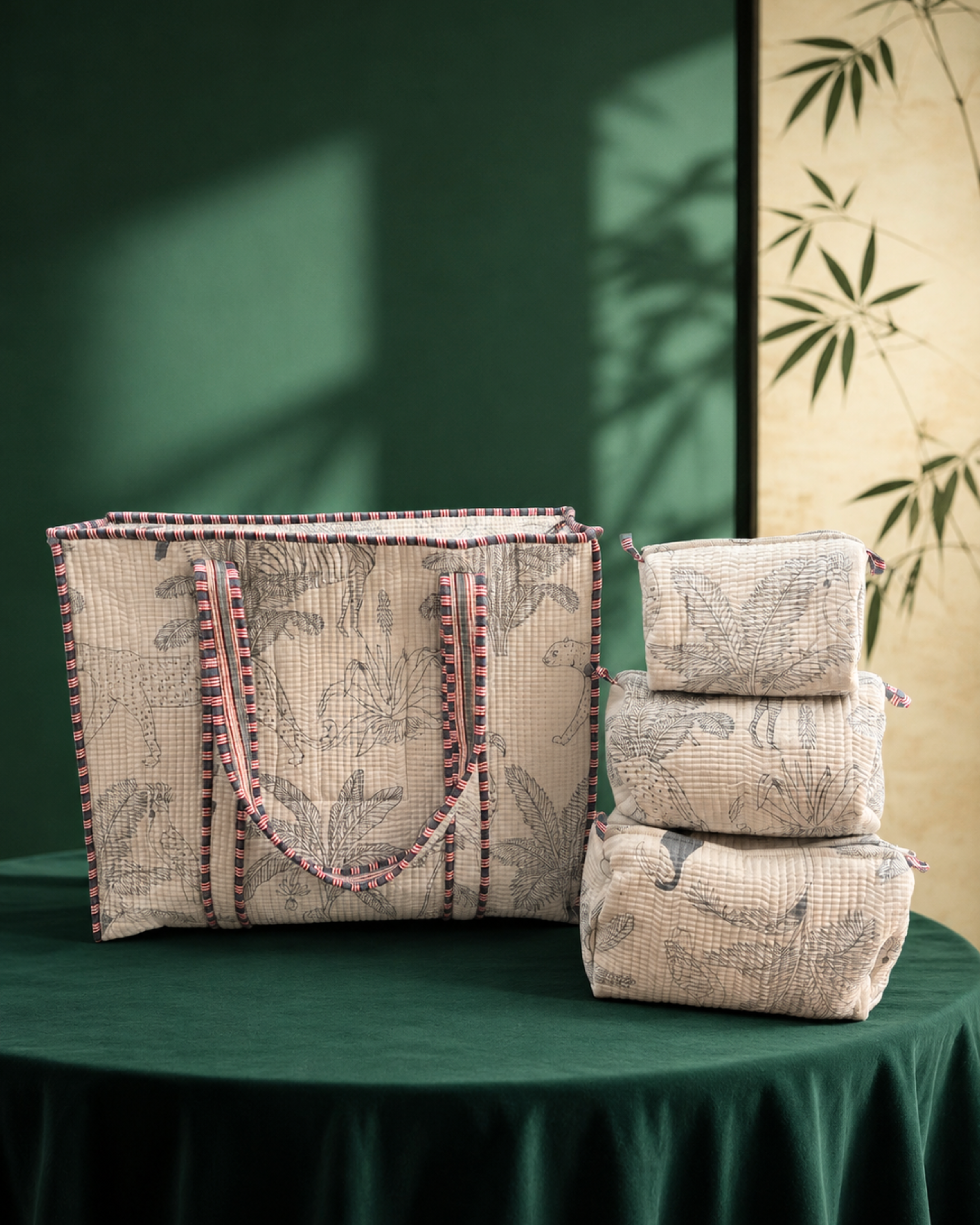 Ivory Safari Jungle Quilted Cotton Tote Bag with 3 Cosmetic Pouches Set | Raksha Bandhan Gift | Gulabi Craft