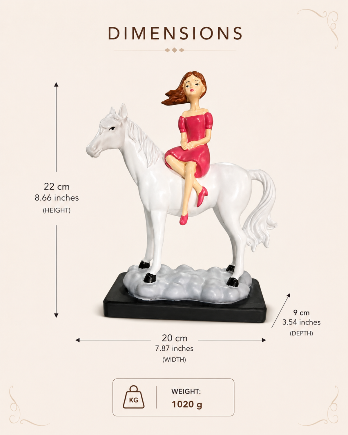 Fairytale Horse Rider Home Decor Piece | Handcrafted Resin Girl on White Horse Figurine for Table Decor | Gulabi Craft