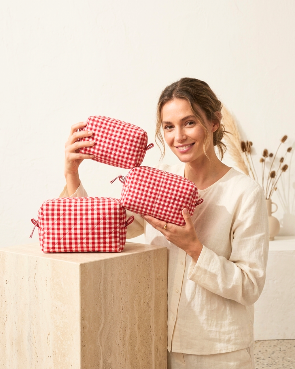 Saffron Leaf Tote Bag & Red Gingham Toiletry Pouch Gift Set | 4-Piece Quilted Cotton Travel Combo