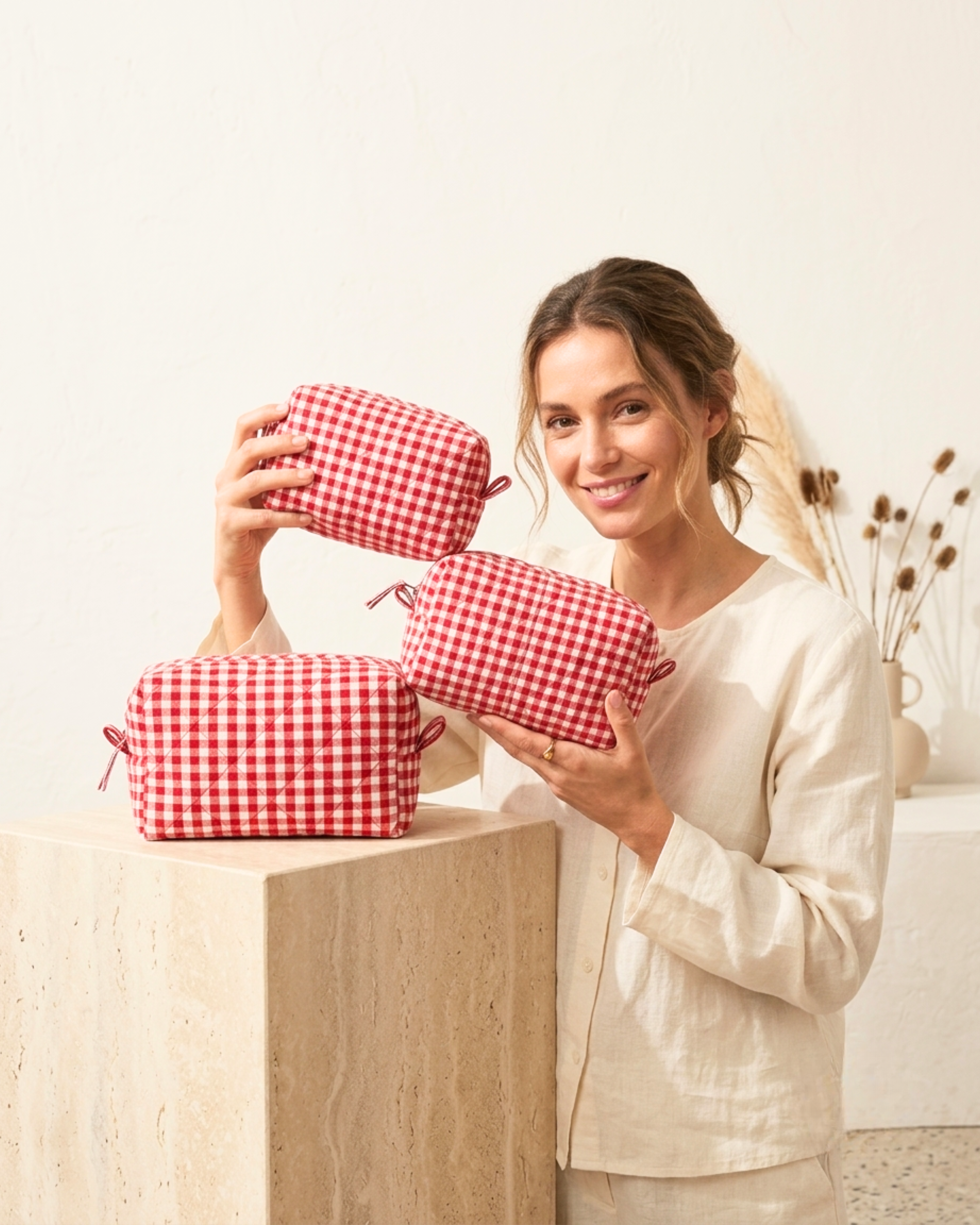 Saffron Leaf Tote Bag & Red Gingham Toiletry Pouch Gift Set | 4-Piece Quilted Cotton Travel Combo