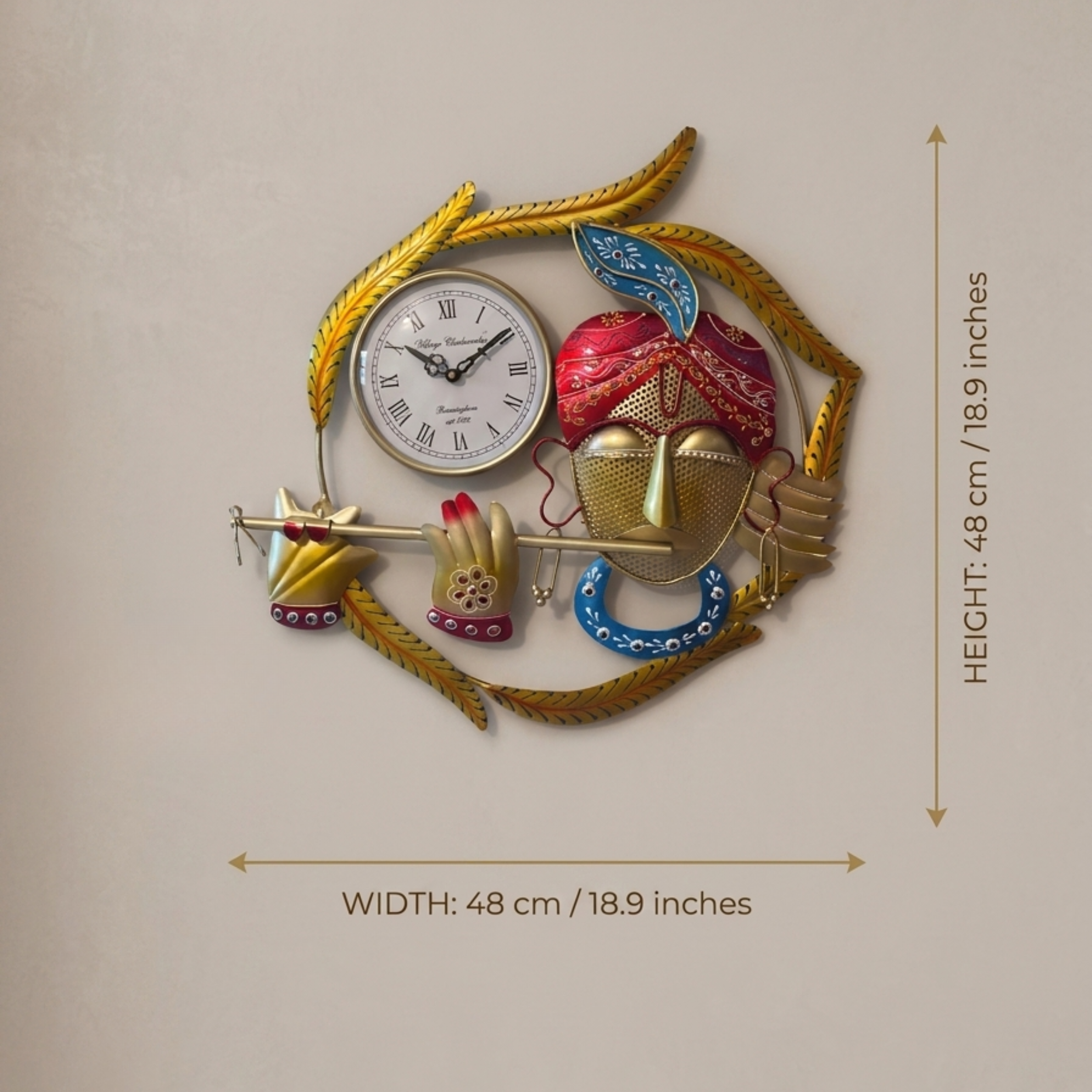 Handcrafted Colour Krishna Wall Clock – Metal Wall Art Decor for Living Room & Vastu Gifting | Gulabi Craft