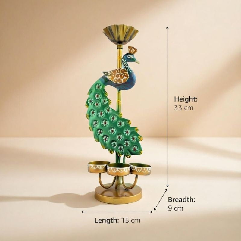 Handcrafted Triple Peacock Tea Light Holder – Metal Candle Stand for Festive Decor & Gifting | Gulabi Craft