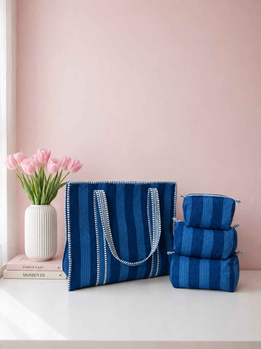 Ocean Blue Striped Quilted 60x60 Cotton Tote Bag &amp; 3 Pouch Combo Set | Gulabi Craft