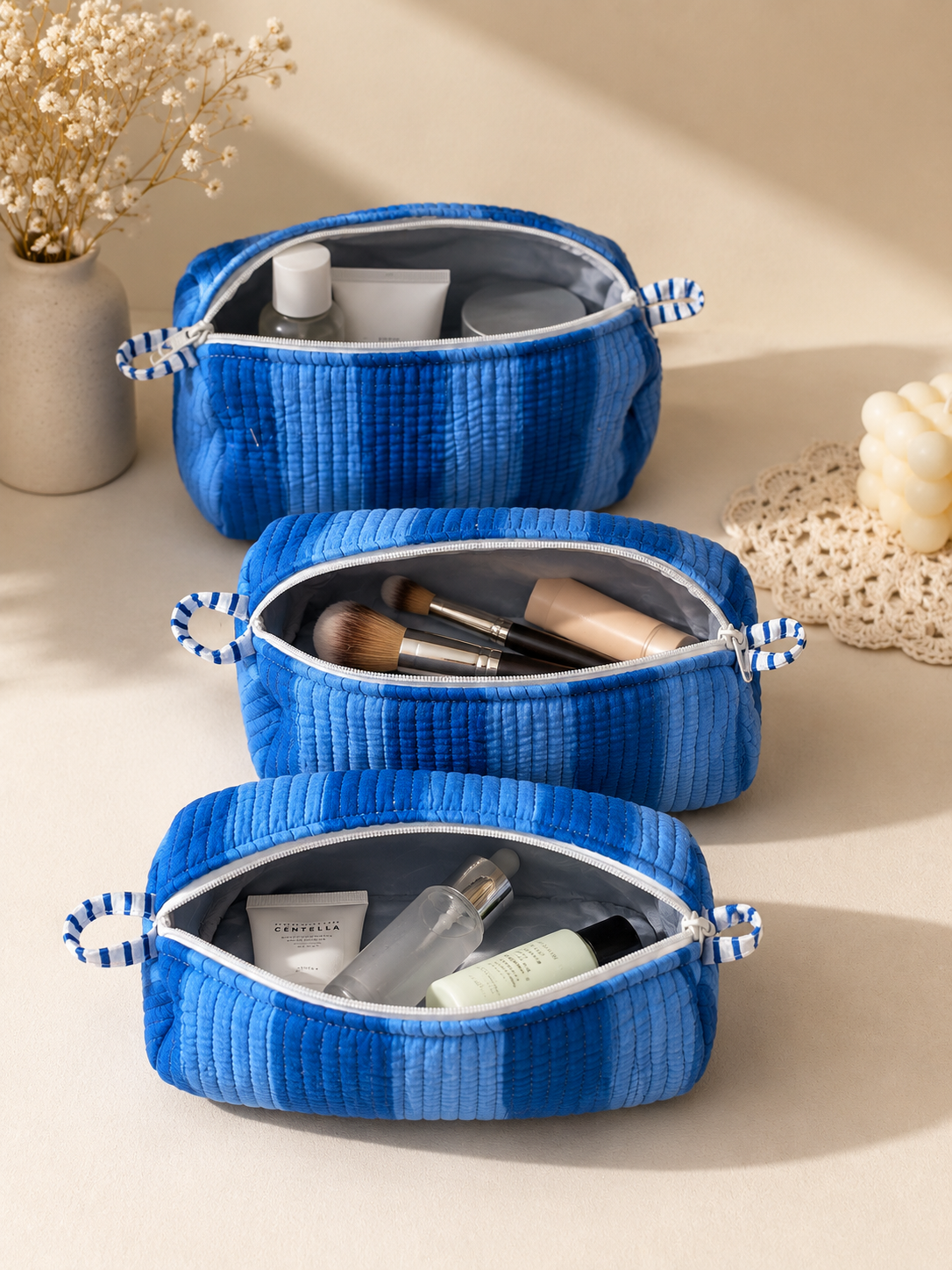 Ocean Blue Striped Quilted 60x60 Cotton Tote Bag &amp; 3 Pouch Combo Set | Gulabi Craft