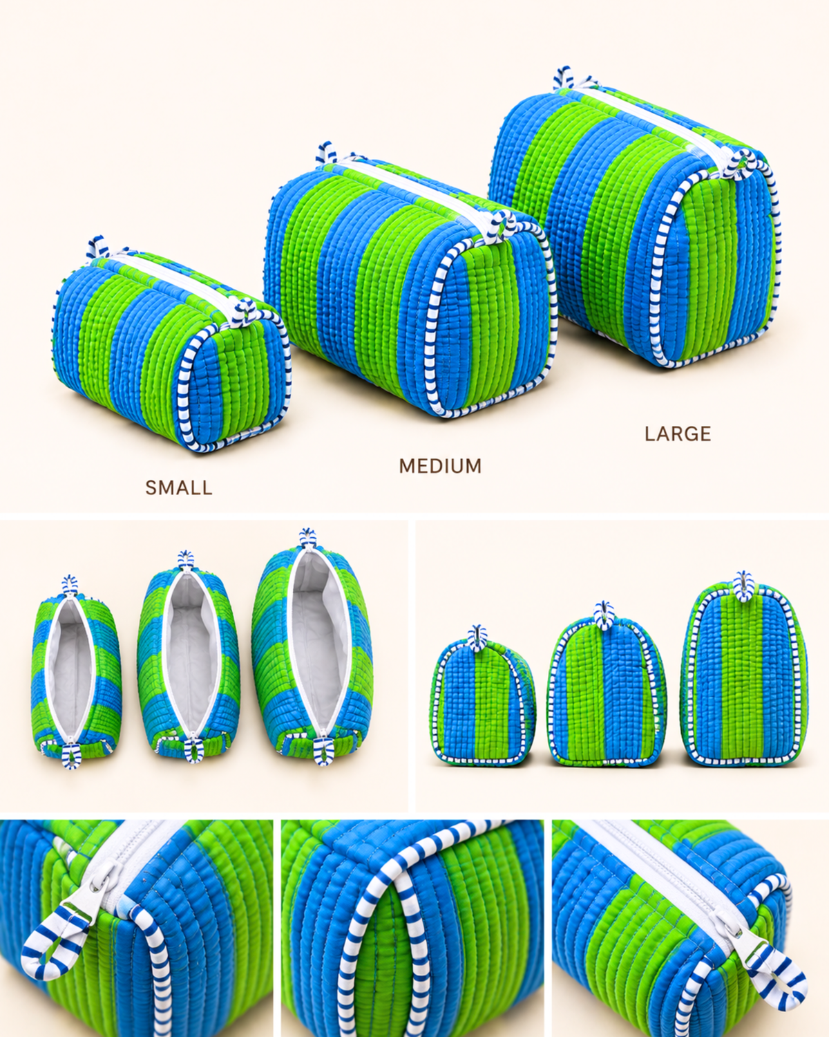 Ocean Green Striped Quilted 60x60 Cotton Tote Bag &amp; 3 Pouch Combo Set | Gulabi Craft&nbsp;