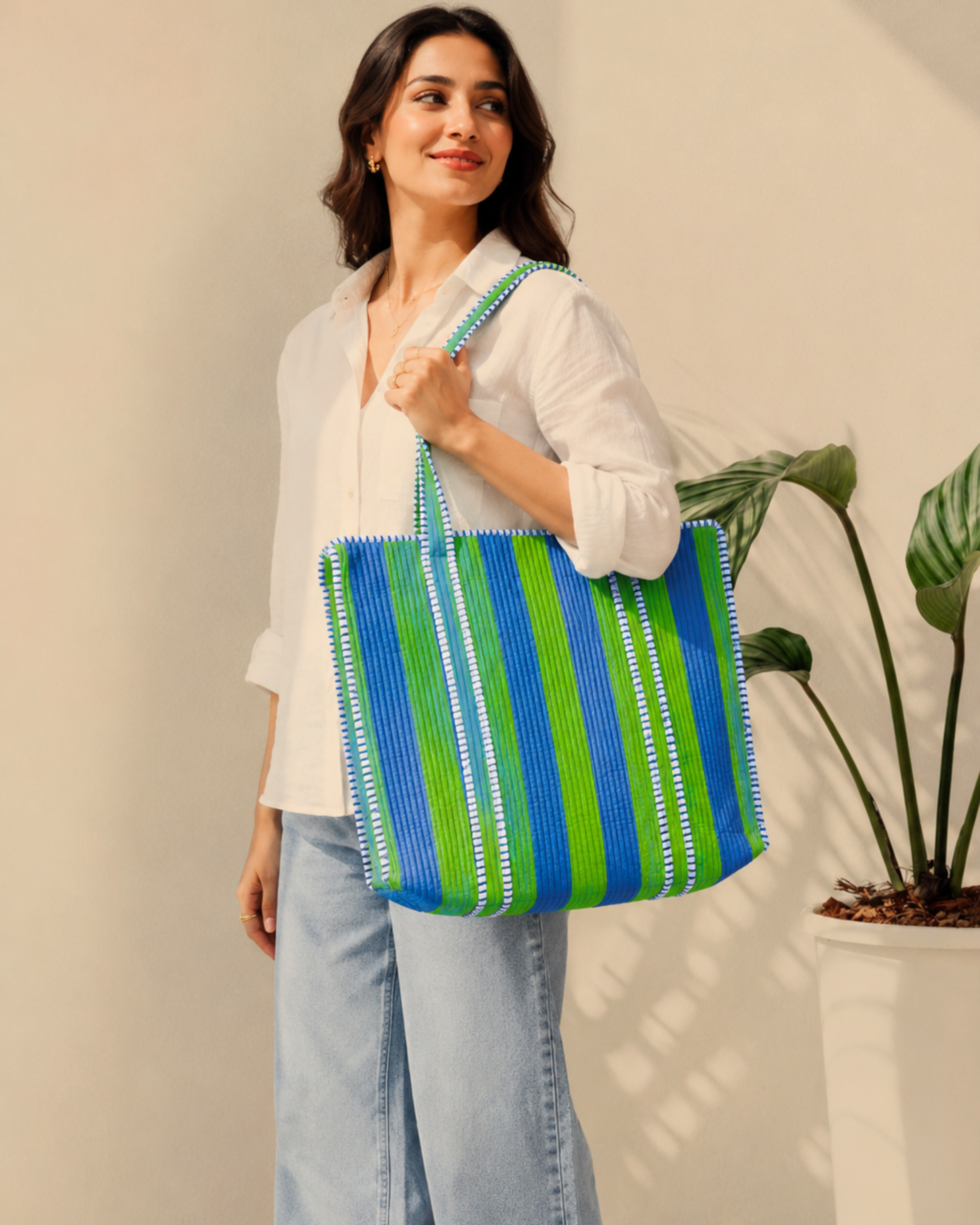 Ocean Green Striped Quilted 60x60 Cotton Tote Bag &amp; 3 Pouch Combo Set | Gulabi Craft&nbsp;