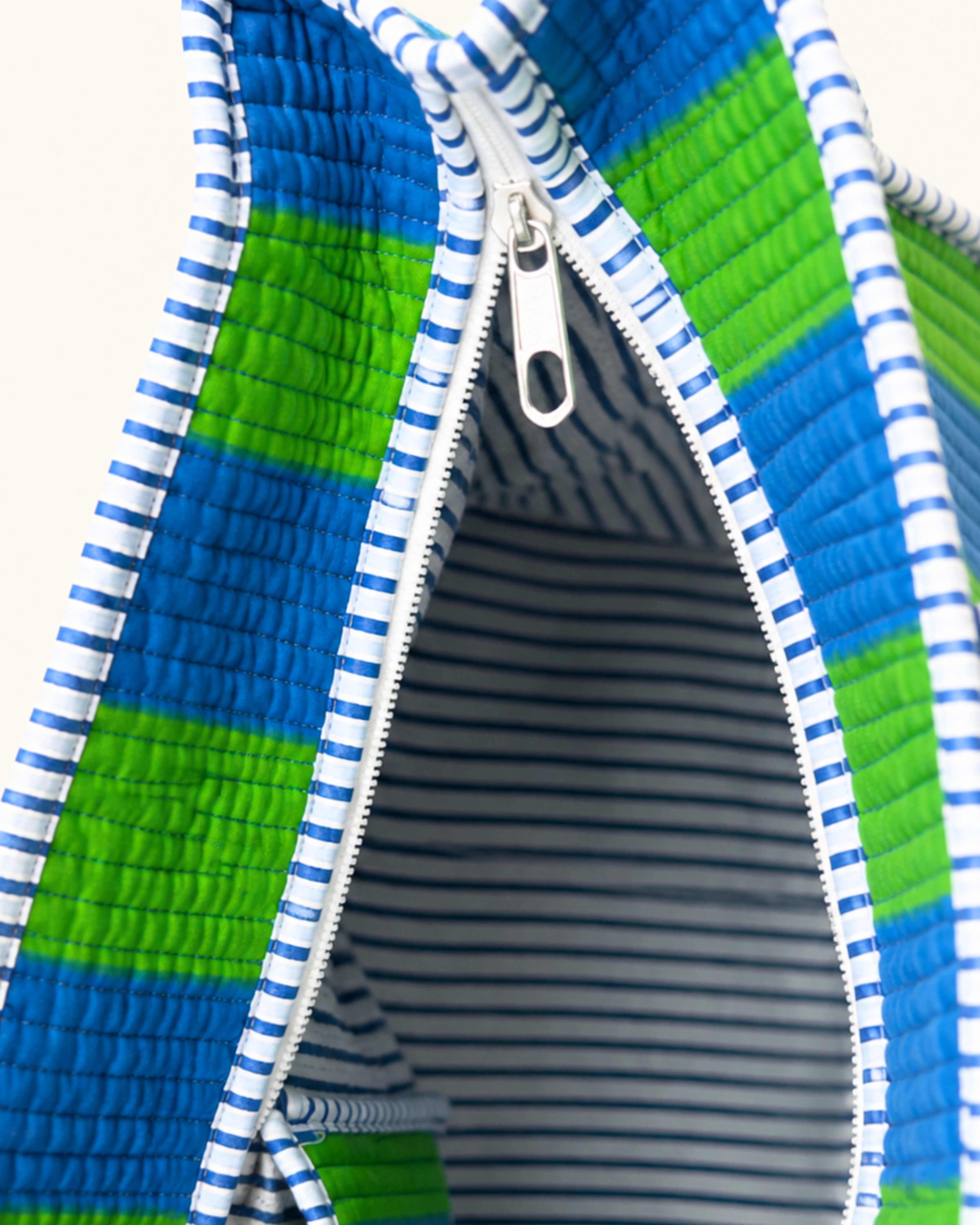 Ocean Green Striped Quilted 60x60 Cotton Tote Bag &amp; 3 Pouch Combo Set | Gulabi Craft&nbsp;