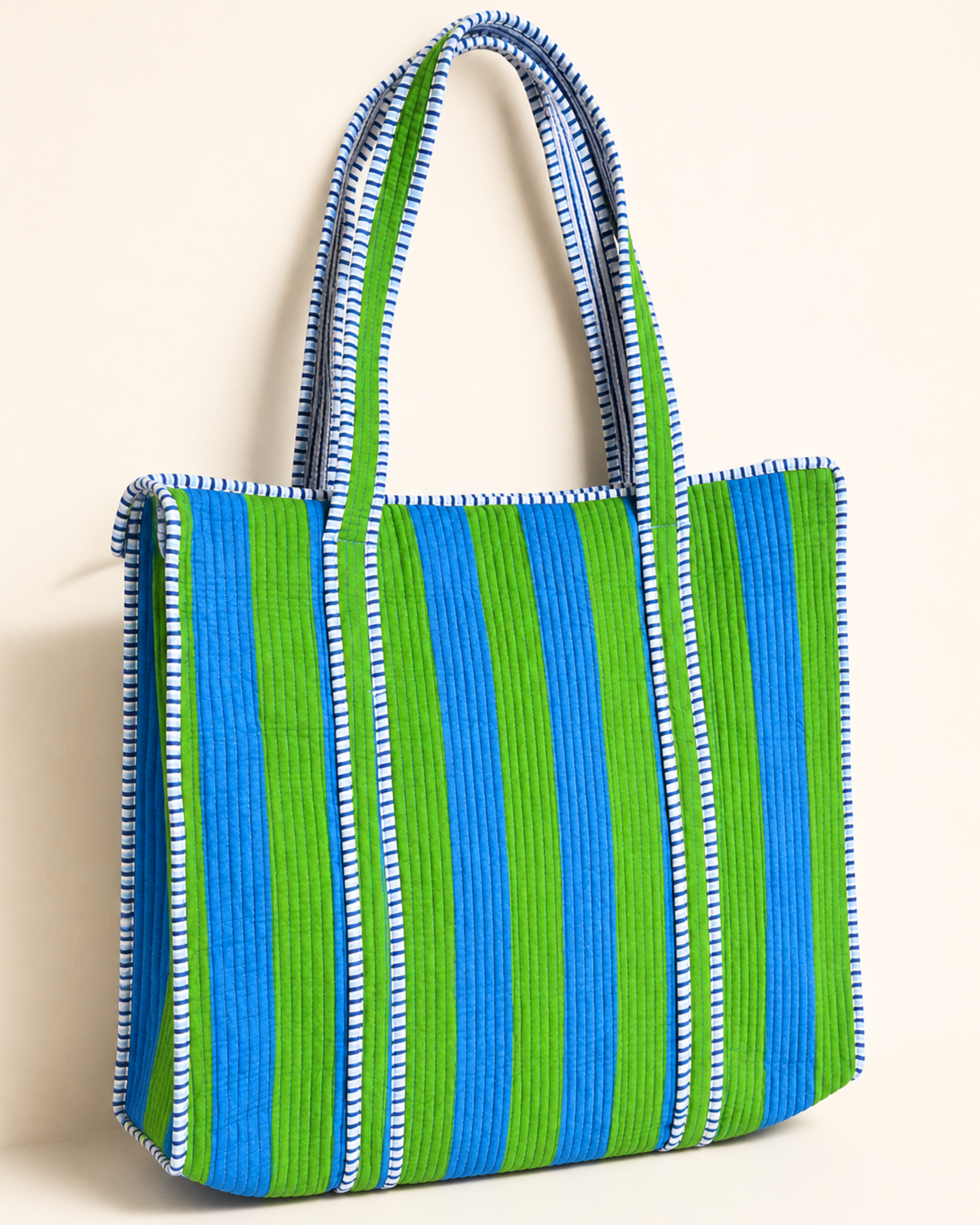 Ocean Green Striped Quilted 60x60 Cotton Tote Bag &amp; 3 Pouch Combo Set | Gulabi Craft&nbsp;
