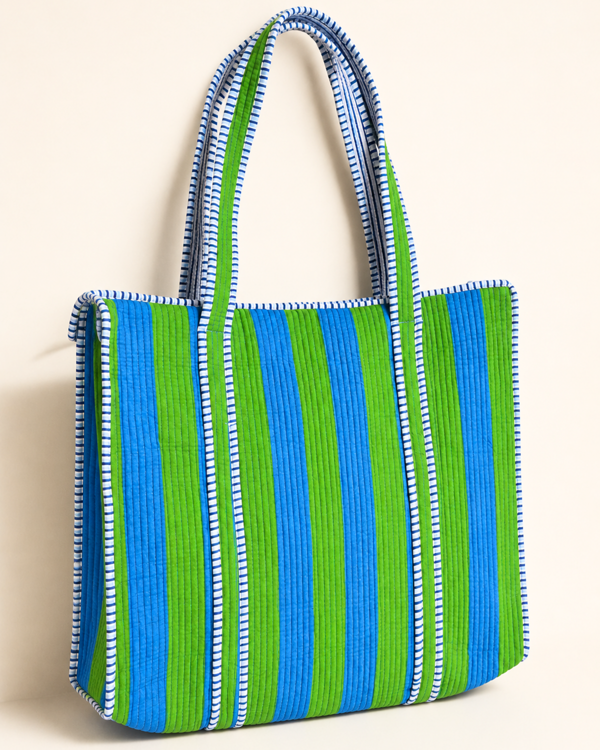 Ocean Green Striped Quilted 60x60 Cotton Tote Bag &amp; 3 Pouch Combo Set | Gulabi Craft&nbsp;
