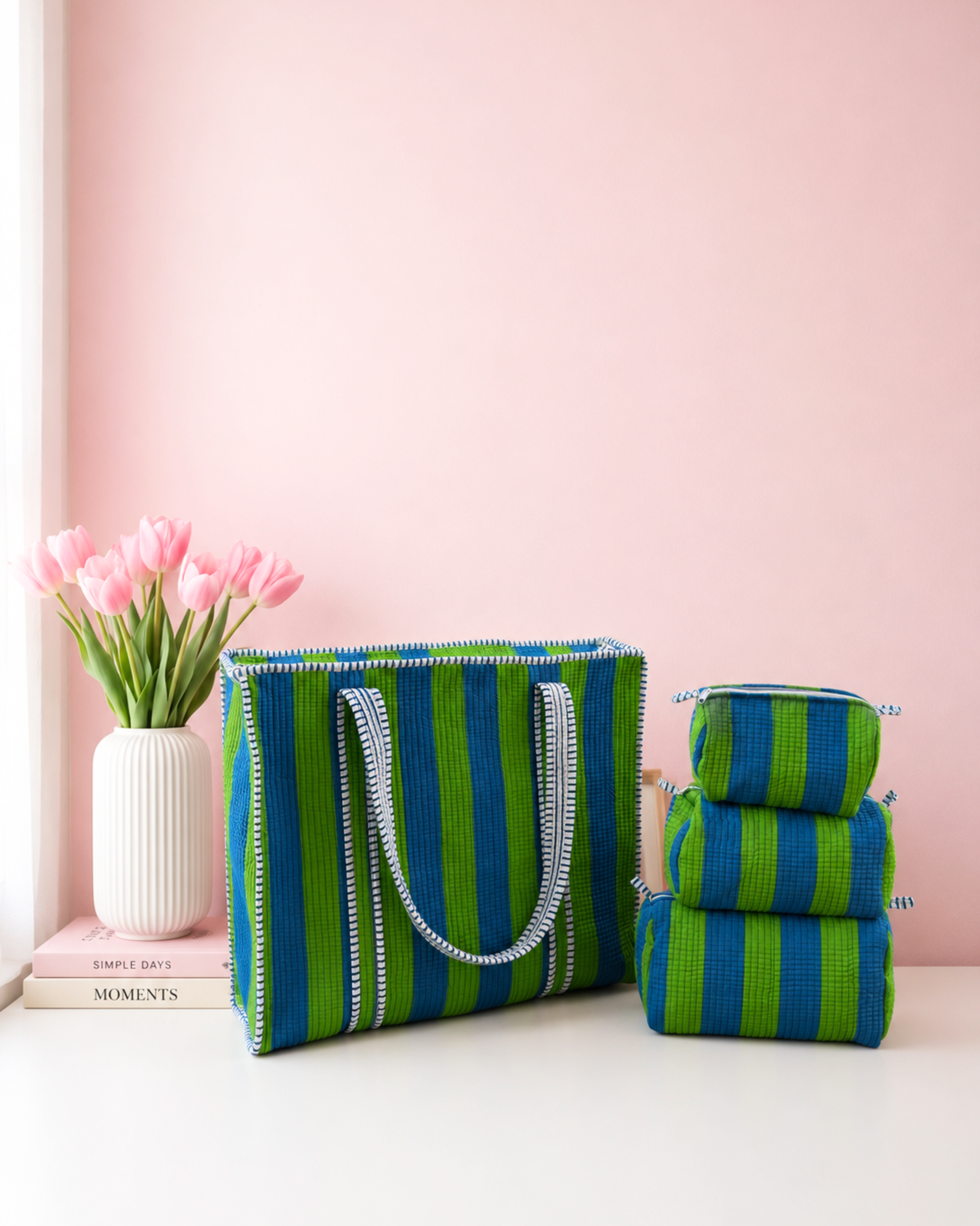 Ocean Green Striped Quilted 60x60 Cotton Tote Bag &amp; 3 Pouch Combo Set | Gulabi Craft&nbsp;