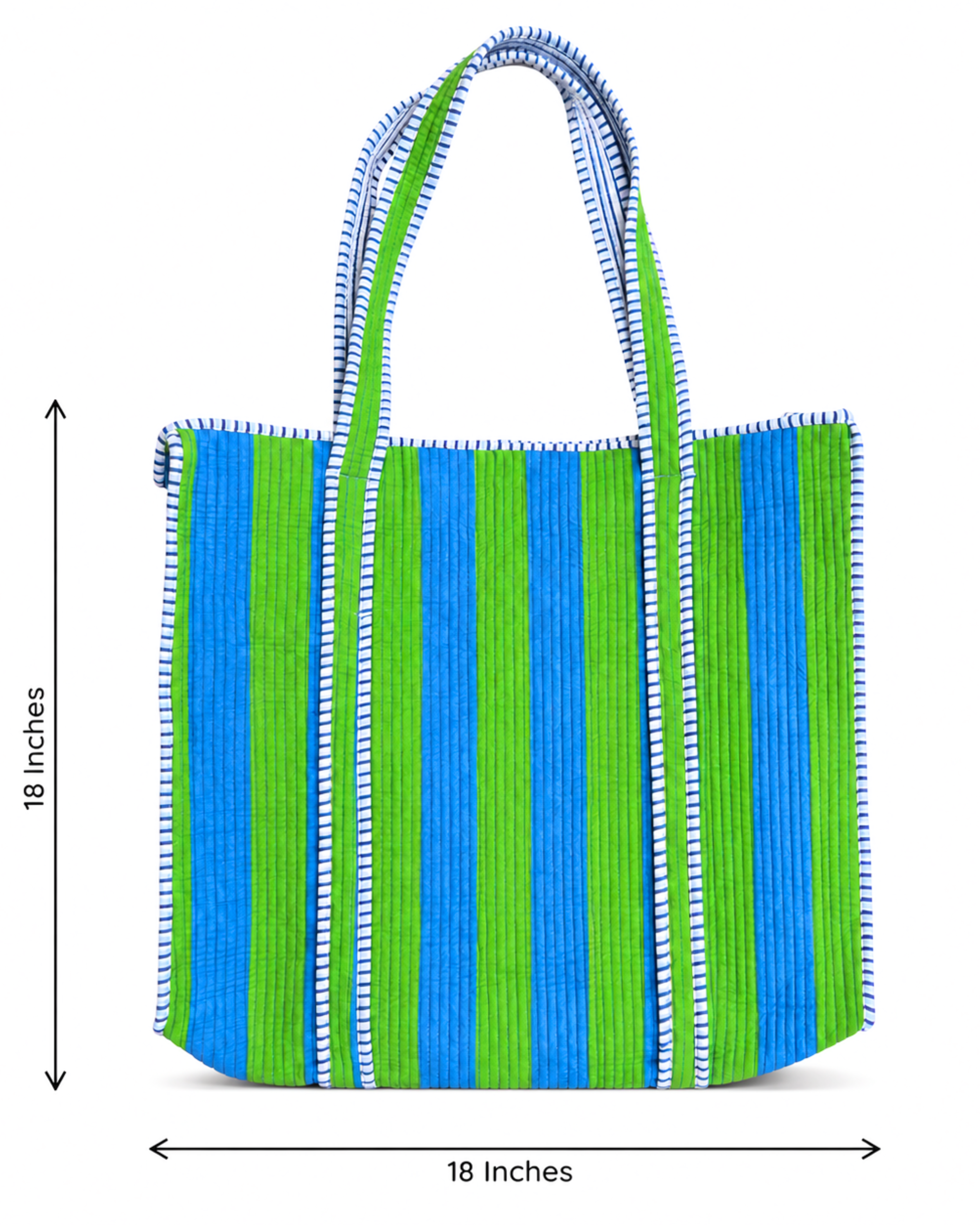 Ocean Green Striped Quilted 60x60 Cotton Tote Bag &amp; 3 Pouch Combo Set | Gulabi Craft&nbsp;