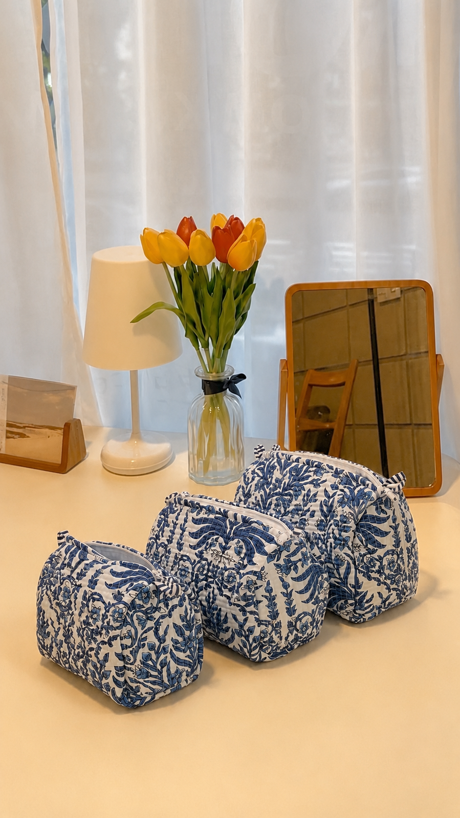 Royal Blue Floral Hand Block Print Quilted 60x60 Cotton Tote Bag &amp; 3 Pouch Combo Set | Gulabi Craft