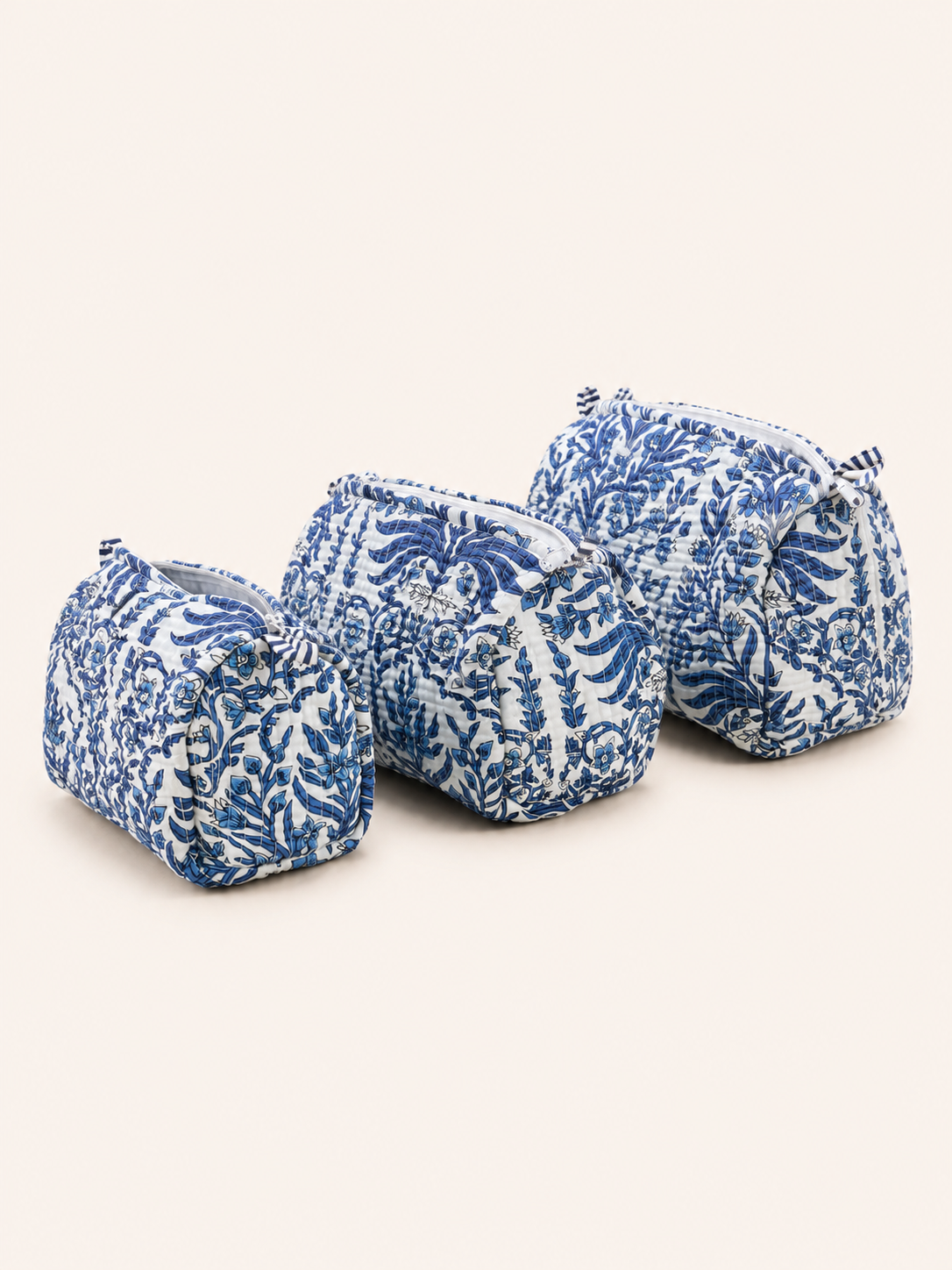 Royal Blue Floral Hand Block Print Quilted 60x60 Cotton Tote Bag &amp; 3 Pouch Combo Set | Gulabi Craft