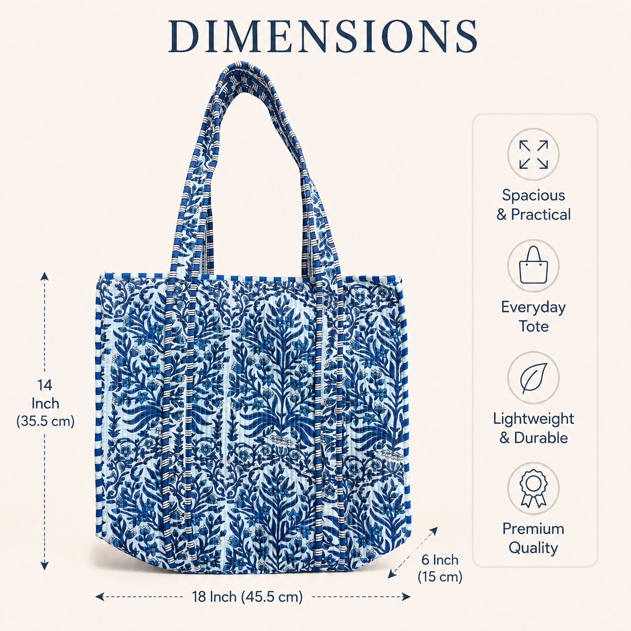 Royal Blue Floral Hand Block Print Quilted 60x60 Cotton Tote Bag &amp; 3 Pouch Combo Set | Gulabi Craft