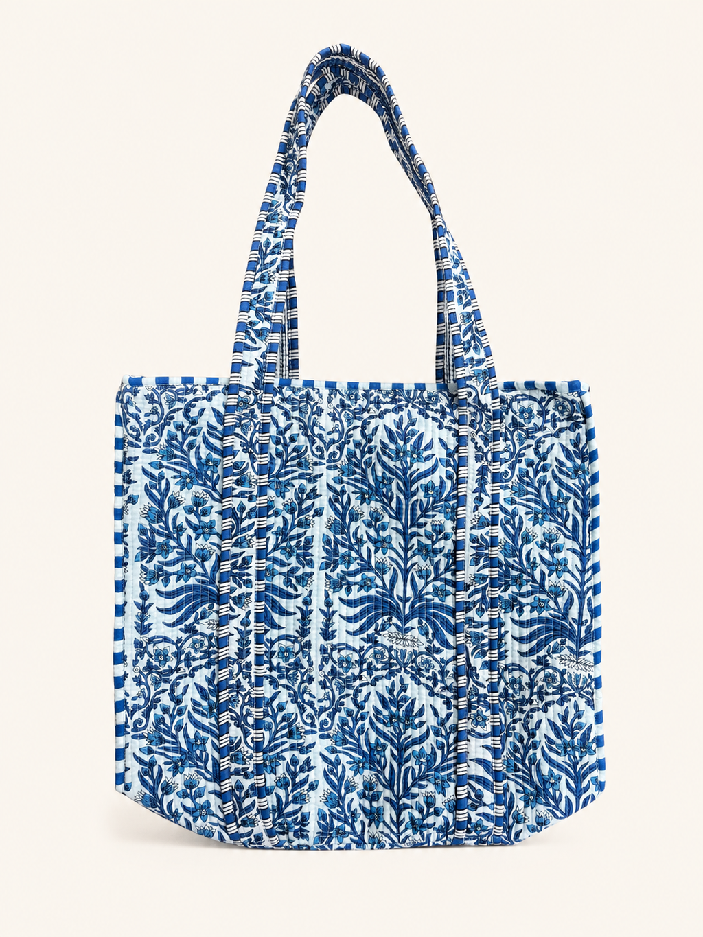 Royal Blue Floral Hand Block Print Quilted 60x60 Cotton Tote Bag &amp; 3 Pouch Combo Set | Gulabi Craft