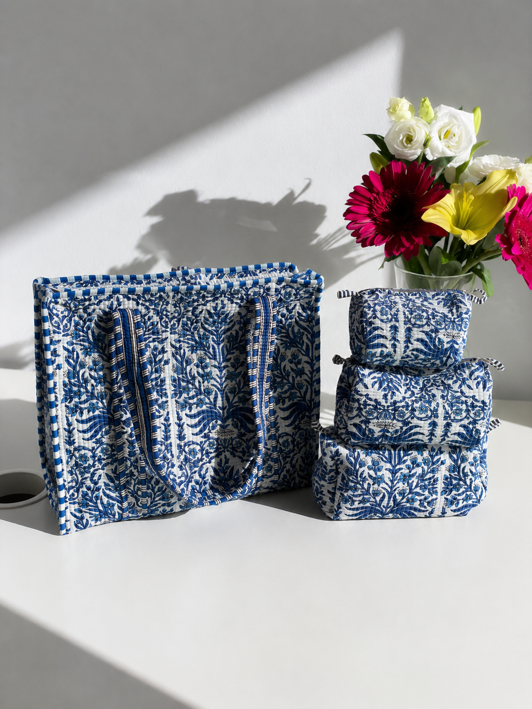 Royal Blue Floral Hand Block Print Quilted 60x60 Cotton Tote Bag &amp; 3 Pouch Combo Set | Gulabi Craft