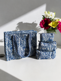 Royal Blue Floral Hand Block Print Quilted 60x60 Cotton Tote Bag &amp; 3 Pouch Combo Set | Gulabi Craft