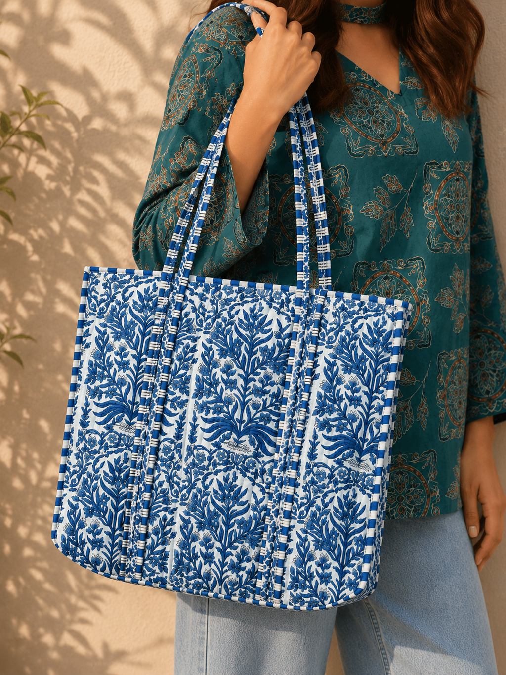 Royal Blue Floral Hand Block Print Quilted 60x60 Cotton Tote Bag &amp; 3 Pouch Combo Set | Gulabi Craft