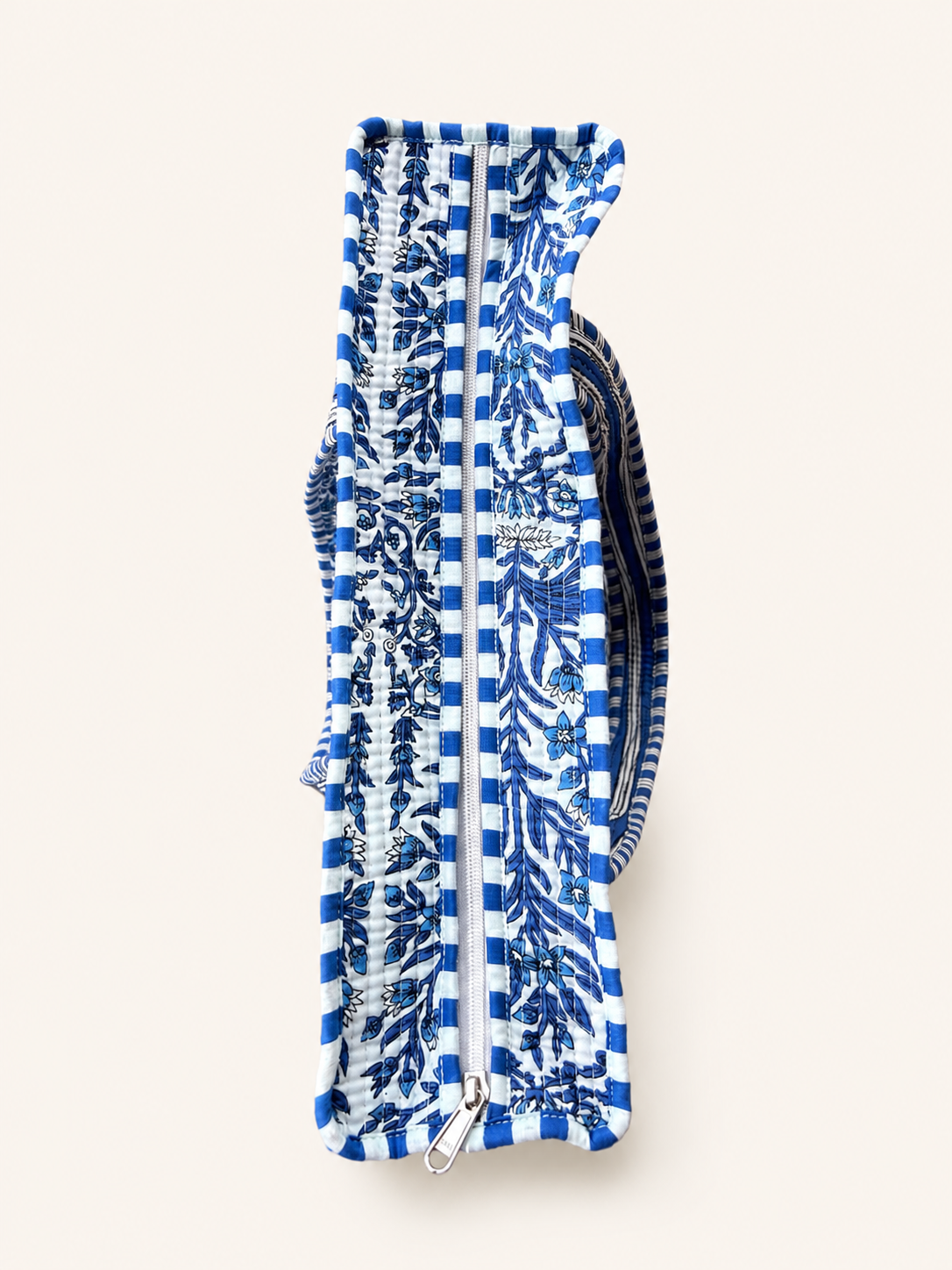 Royal Blue Floral Hand Block Print Quilted 60x60 Cotton Tote Bag &amp; 3 Pouch Combo Set | Gulabi Craft