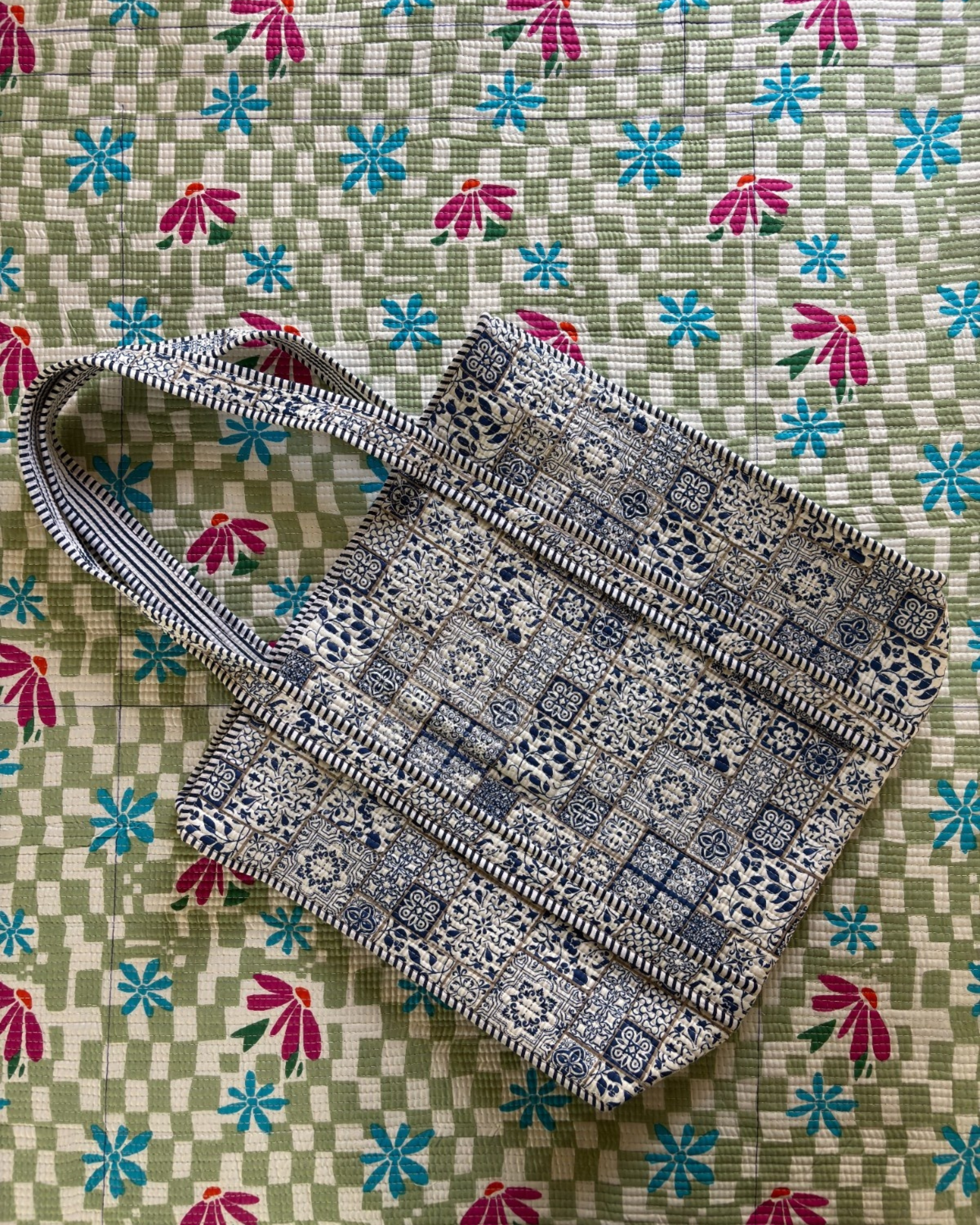 Blue Mosaic Quilted  Handcrafted Tote Bag – Premium Everyday Carry &amp; Gift Item | Gulabi Craft