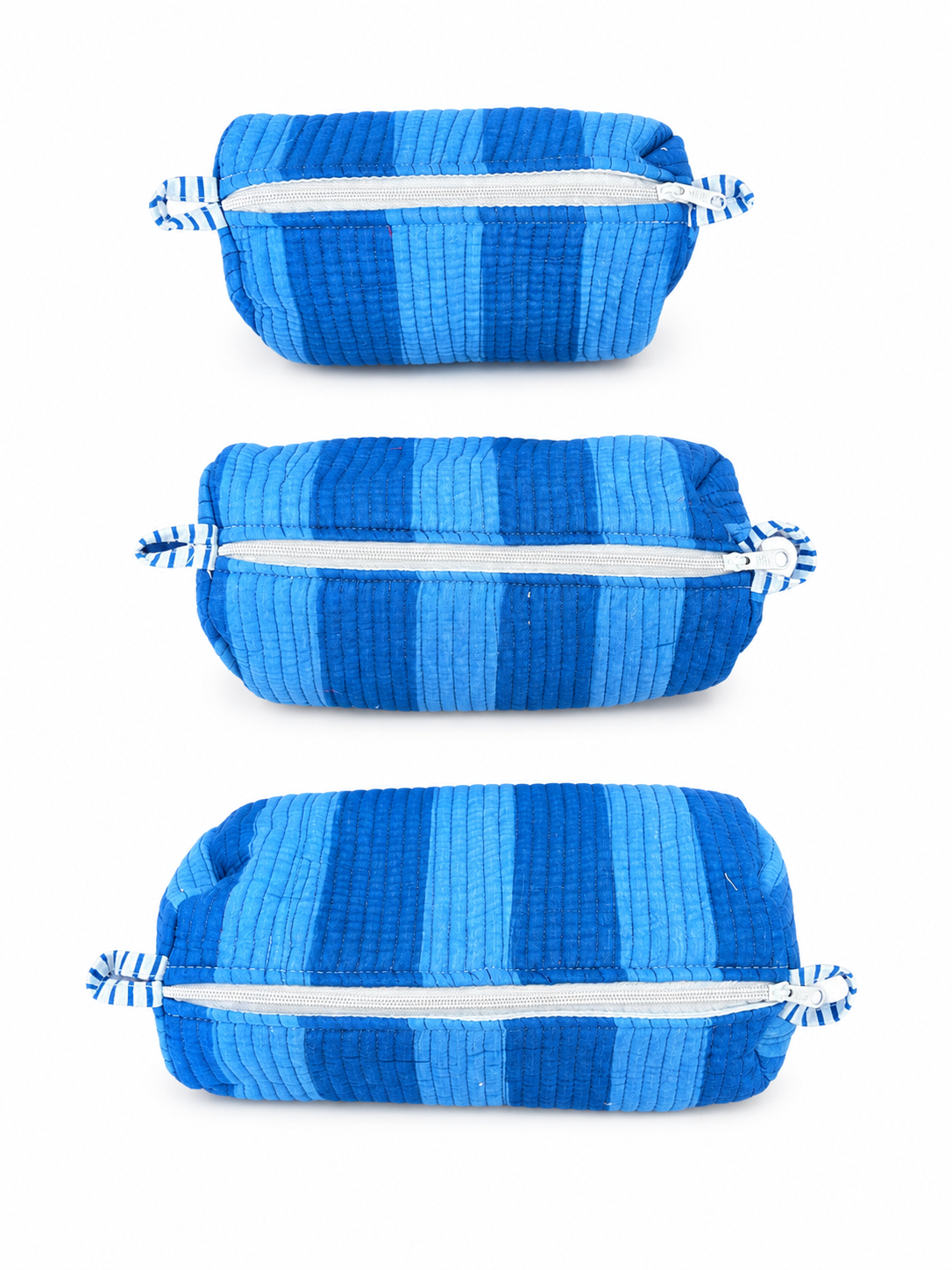 Ocean Blue Striped Quilted 60x60 Cotton Tote Bag &amp; 3 Pouch Combo Set | Gulabi Craft