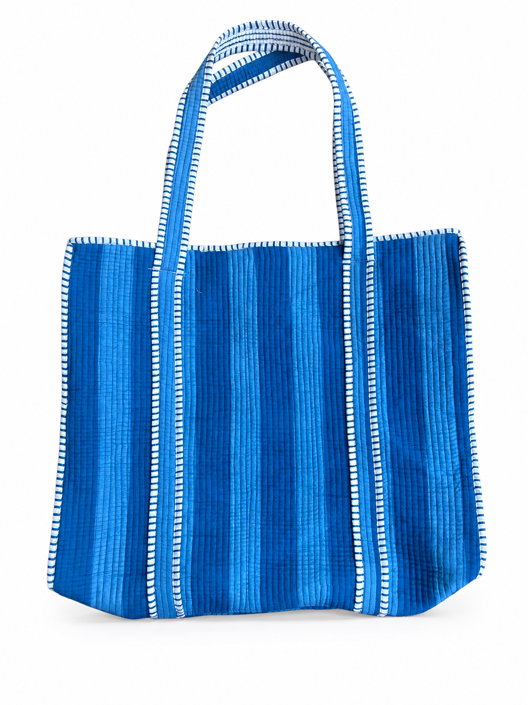 Ocean Blue Striped Quilted 60x60 Cotton Tote Bag &amp; 3 Pouch Combo Set | Gulabi Craft