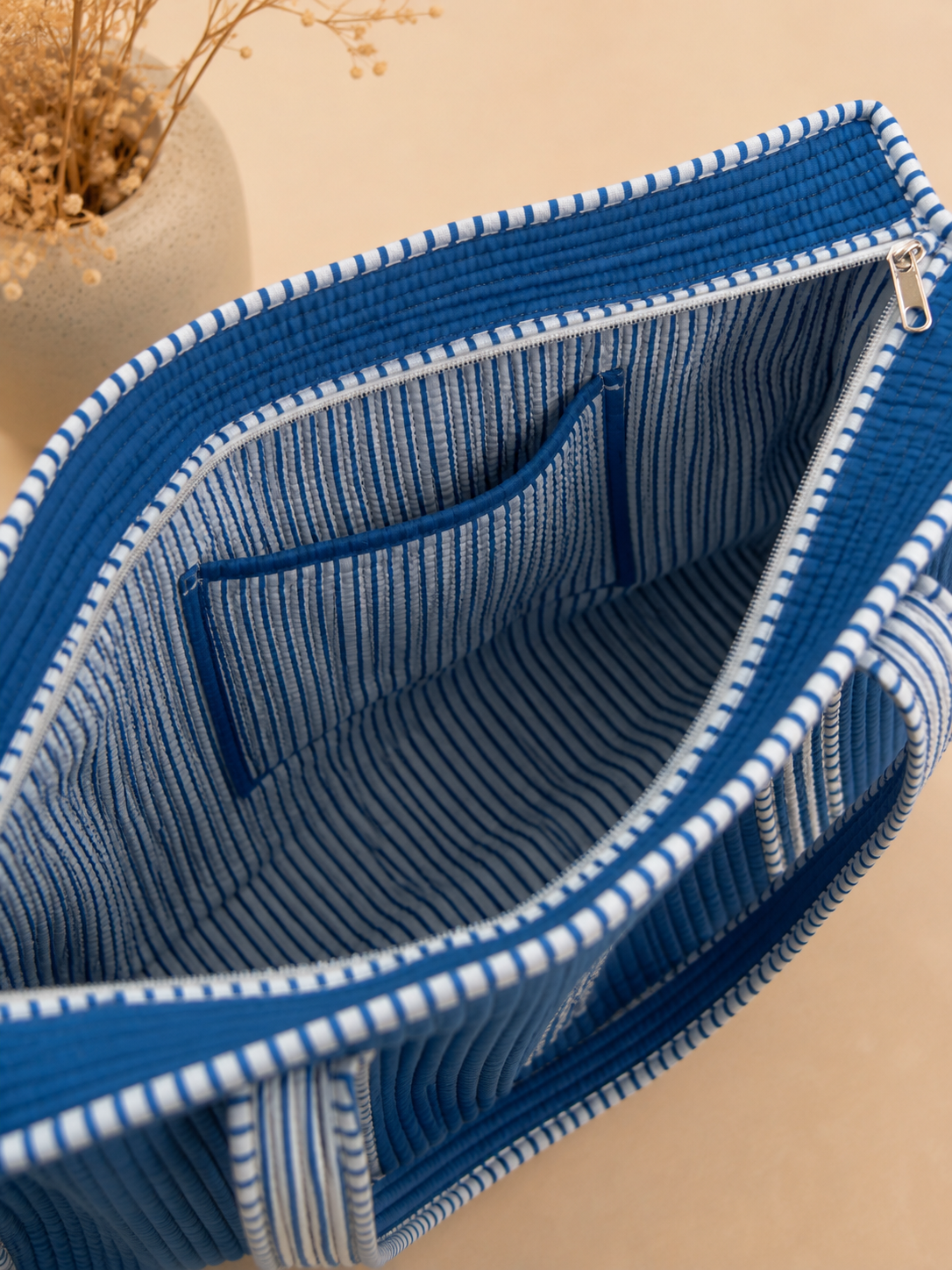 Ocean Blue Striped Quilted 60x60 Cotton Tote Bag &amp; 3 Pouch Combo Set | Gulabi Craft