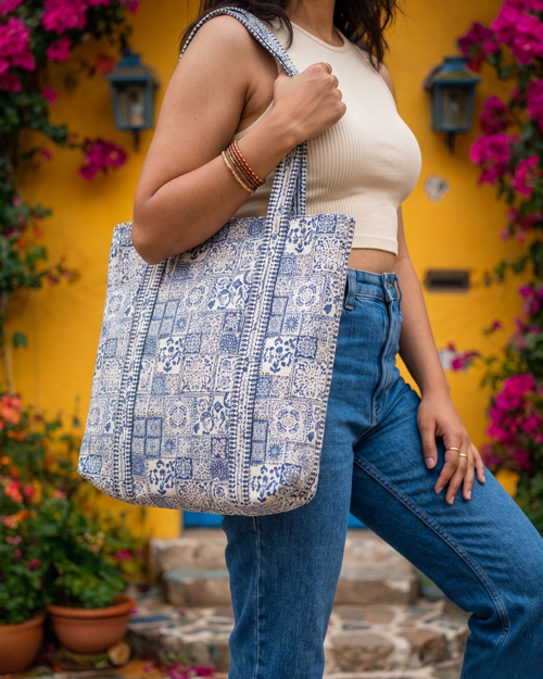 Blue Mosaic Quilted  Handcrafted Tote Bag – Premium Everyday Carry &amp; Gift Item | Gulabi Craft