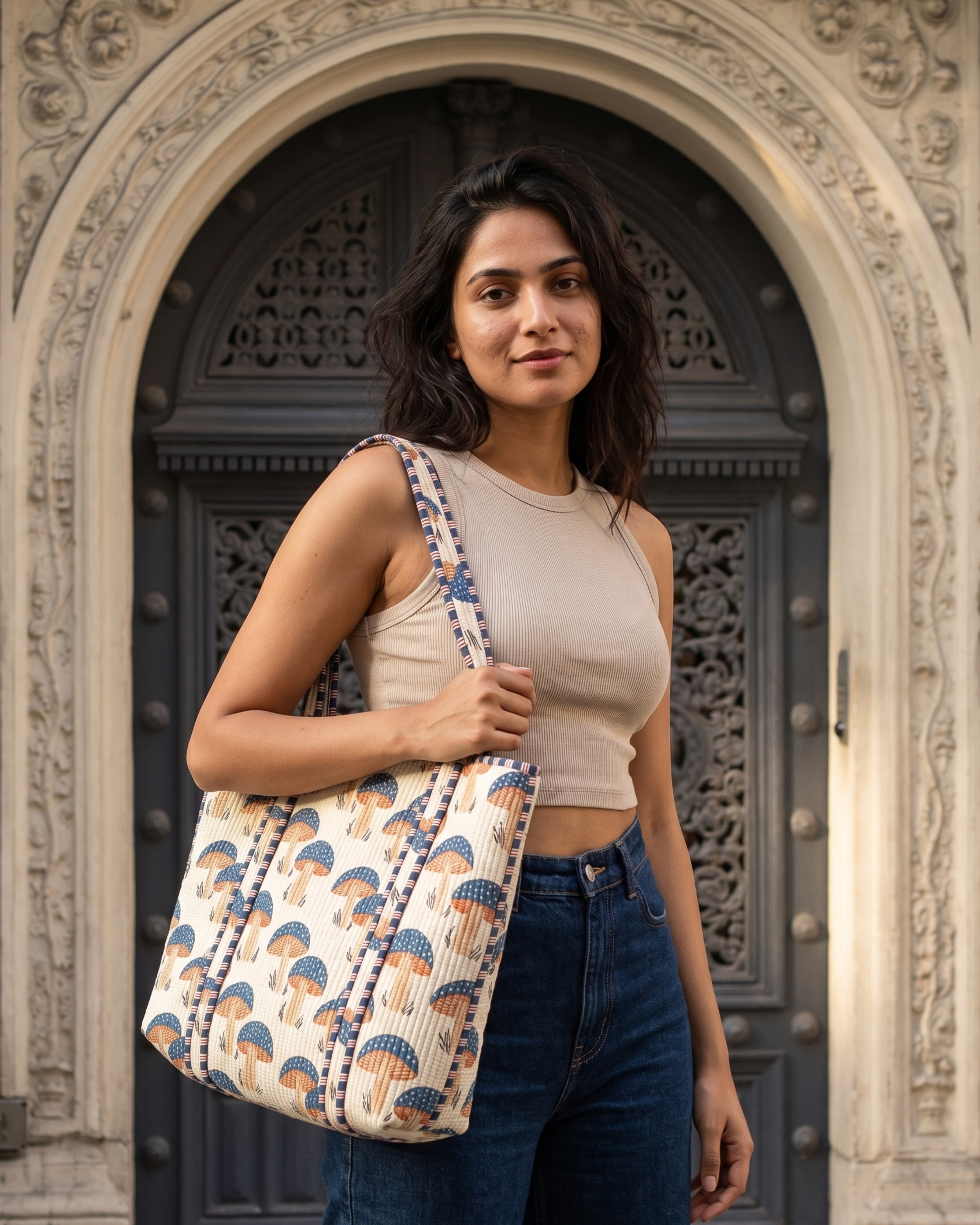 Quilted Mushroom  Handcrafted Tote Bag – Whimsical Everyday Carry &amp; Gift Item | Gulabi Craft
