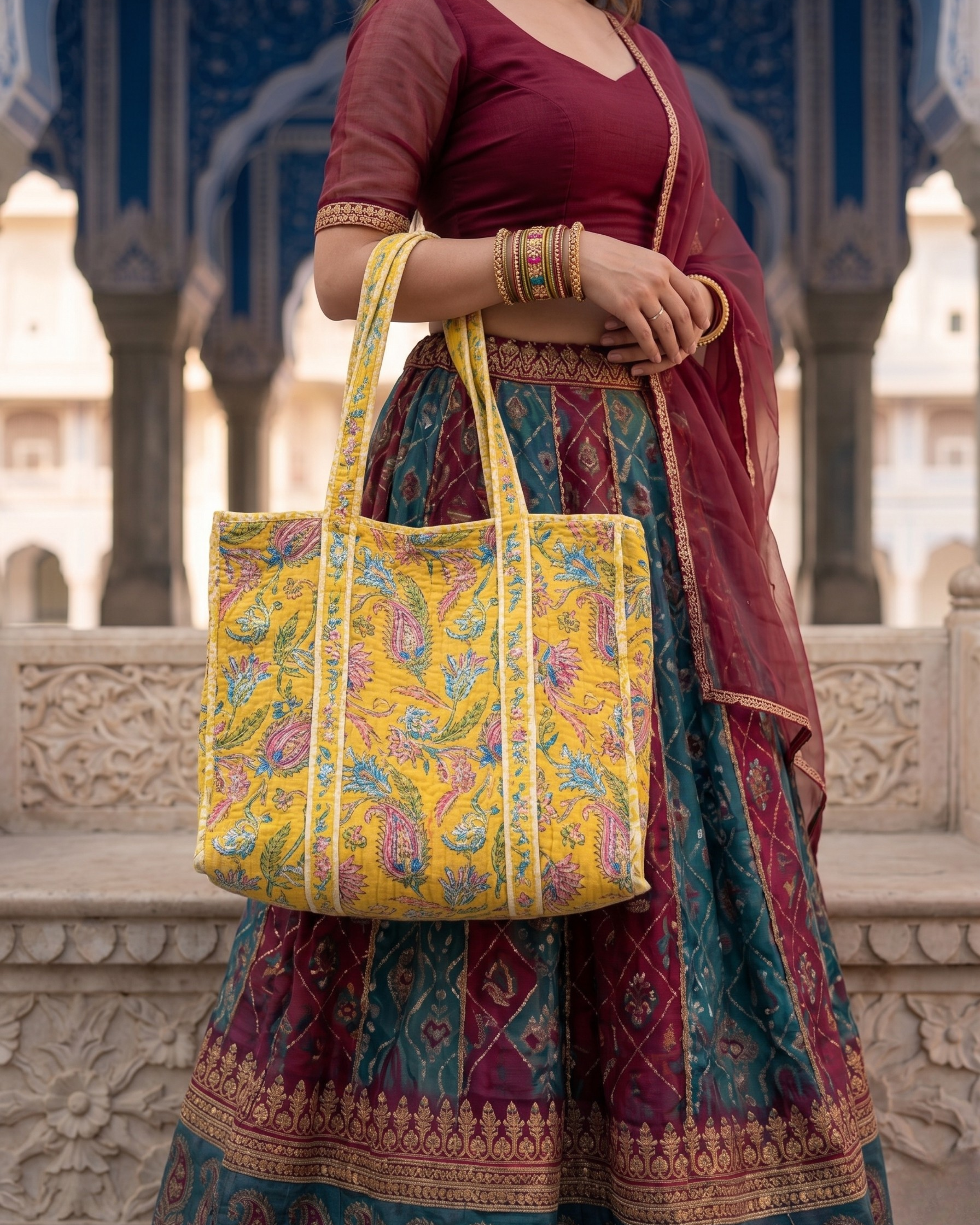 Yellow Floral Quilted  Handcrafted Tote Bag – Premium Everyday Carry &amp; Eco-Friendly Gift Item | Gulabi Craft