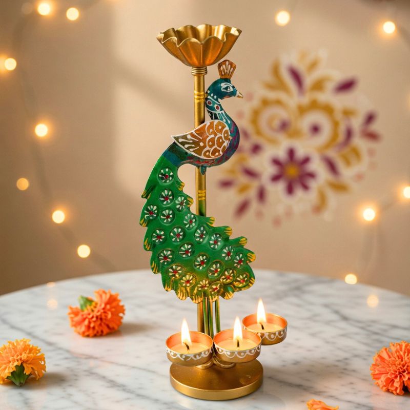 Handcrafted Triple Peacock Tea Light Holder – Metal Candle Stand for Festive Decor & Gifting | Gulabi Craft