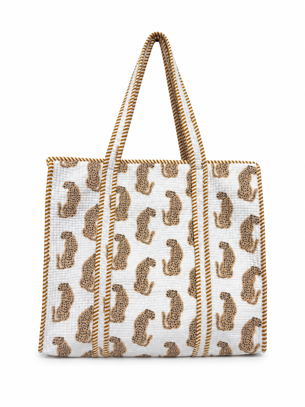 Golden Leopard Print Quilted Cotton Tote Bag with Inner Pocket – Handcrafted Everyday Tote for Women | Gulabi Craft