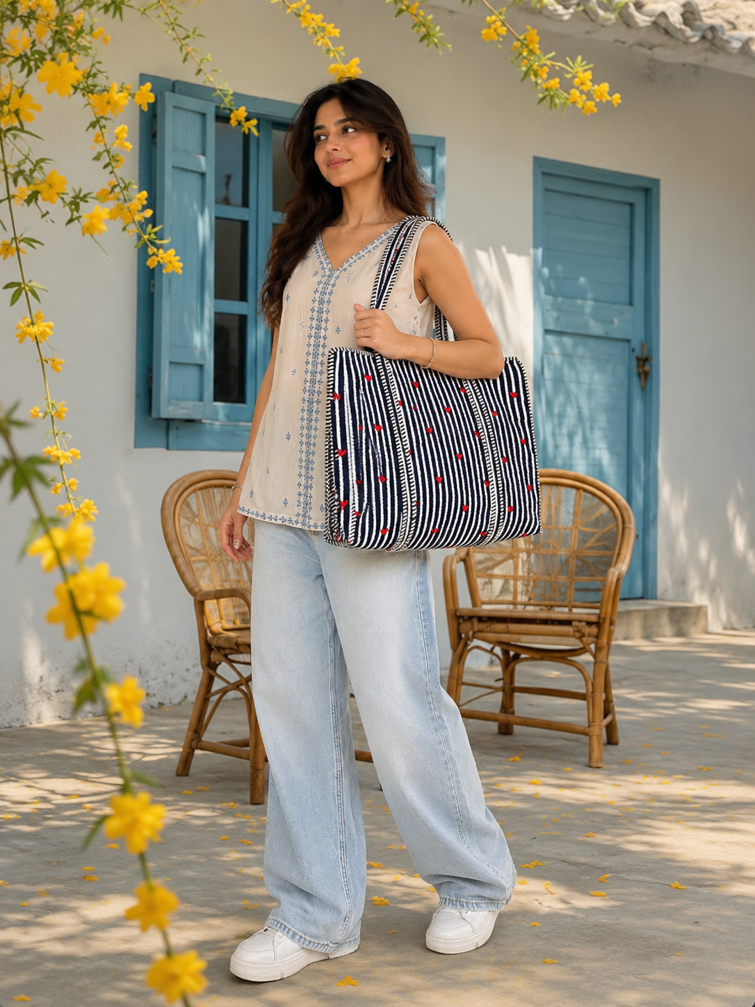 Navy Blue Stripe Red Heart Handcrafted Quilted 60x60 Cotton Tote Bag with Inner Pocket for Travel