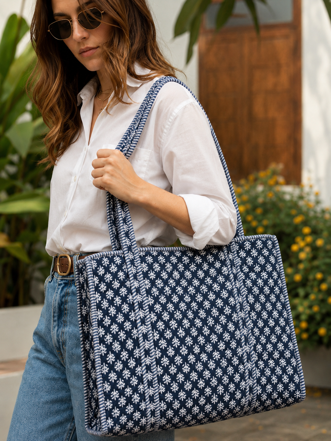 Gulabi Craft Indigo Blossom Hand Block Print Quilted Cotton Tote Bag with Inner Pocket | 17×18 Inch Travel & Everyday Shoulder Bag