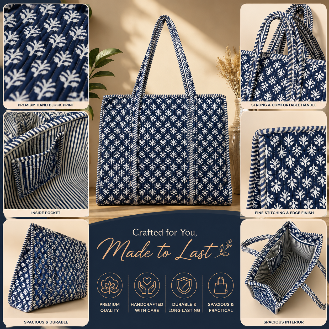Gulabi Craft Indigo Blossom Hand Block Print Quilted Cotton Tote Bag with Inner Pocket | 17×18 Inch Travel & Everyday Shoulder Bag