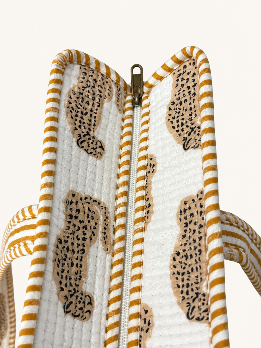 Golden Leopard Print Quilted Cotton Tote Bag with Inner Pocket – Handcrafted Everyday Tote for Women | Gulabi Craft