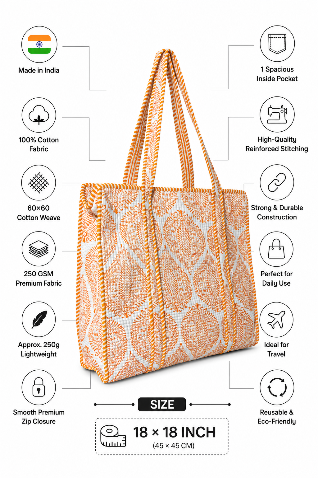 Gulabi Craft Saffron Leaf Hand Block Print Quilted Cotton Tote Bag with Inner Pocket | 17x18 Inch Reusable Travel & Everyday Shoulder Bag